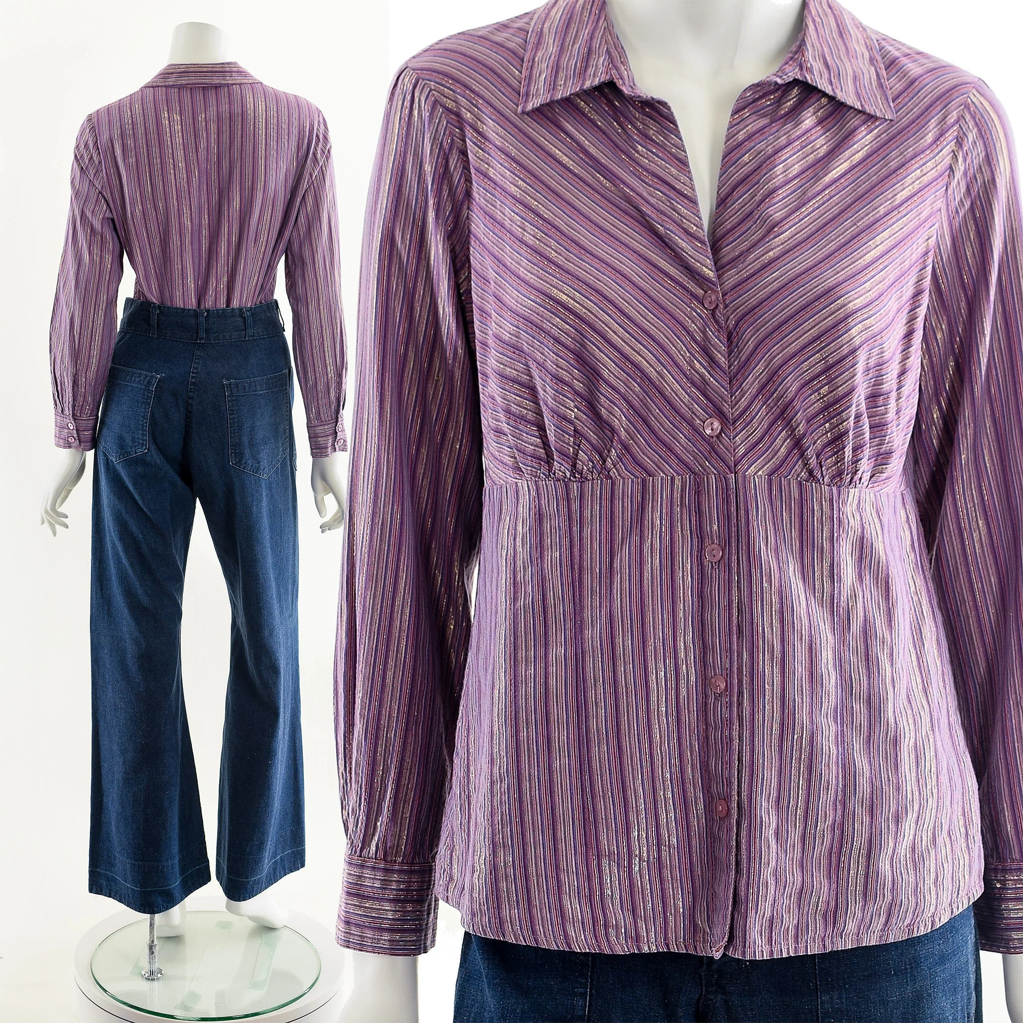 Striped Purple 90s Button Up Blouse - Image 2