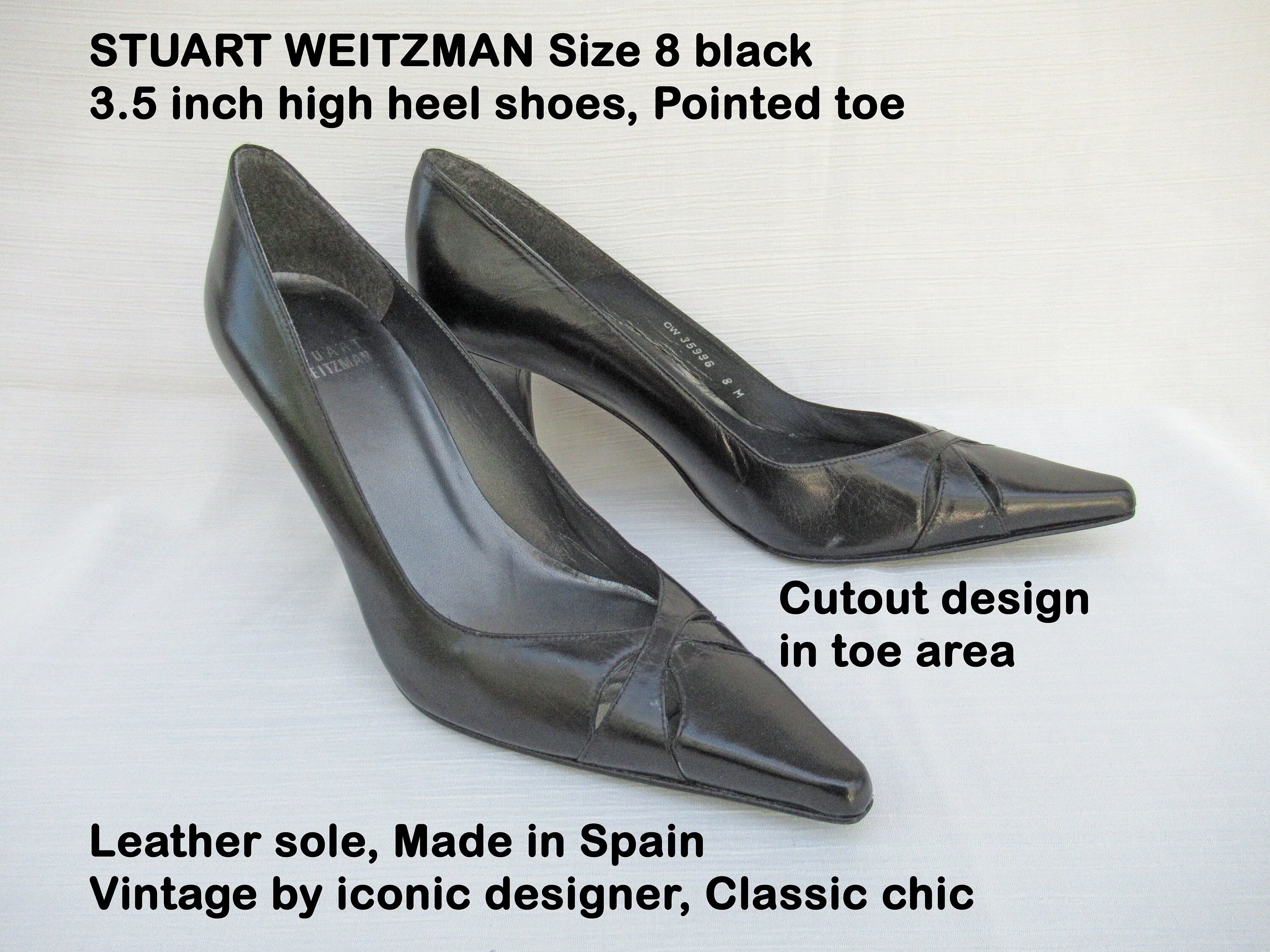 Stuart Weitzman Shoes Pointed Toe Leather Sole Black High Heel Made In Spain Vintage Iconic Designer Classic Chic by Stuart Weitzman - Image 2