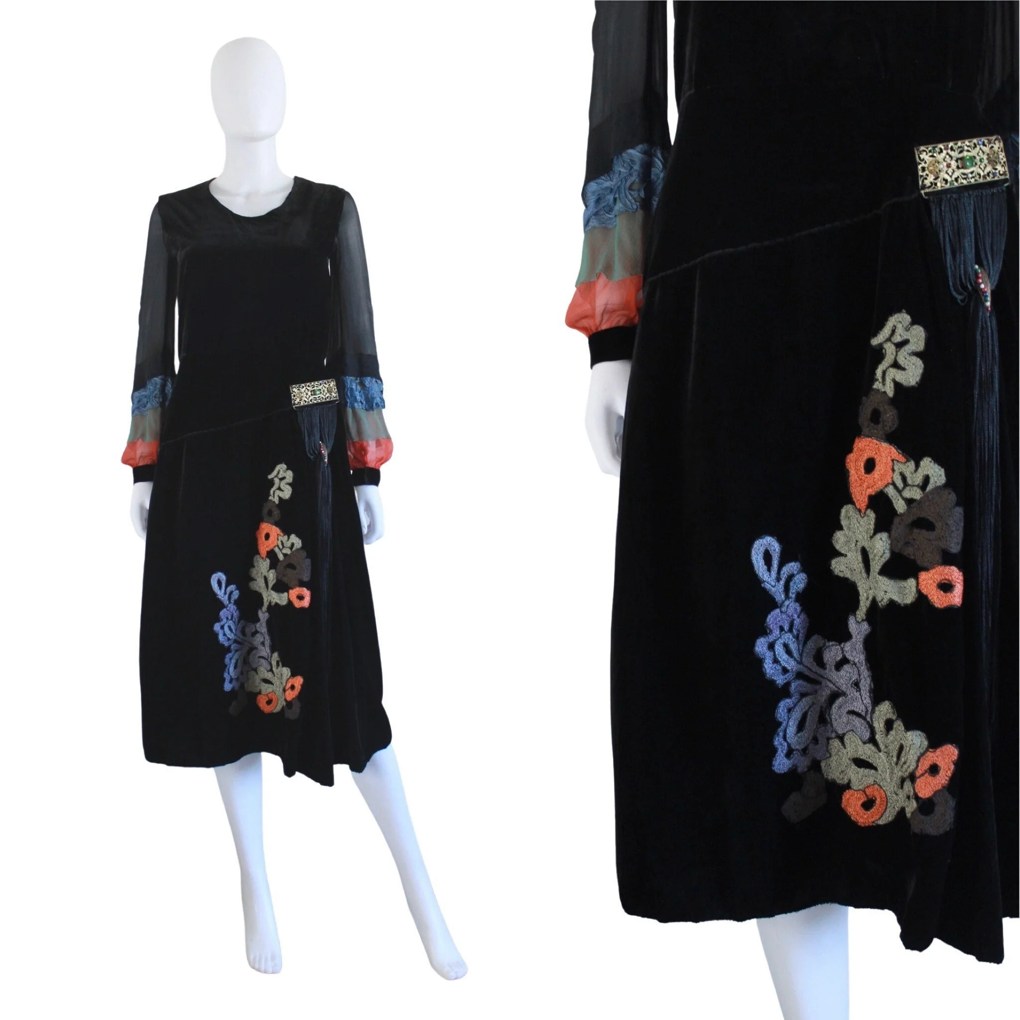 Stunning 20s Black Silk and Silk Velvet Two Piece Dress Set with Embroidery and Fringe Tassel - Image 3