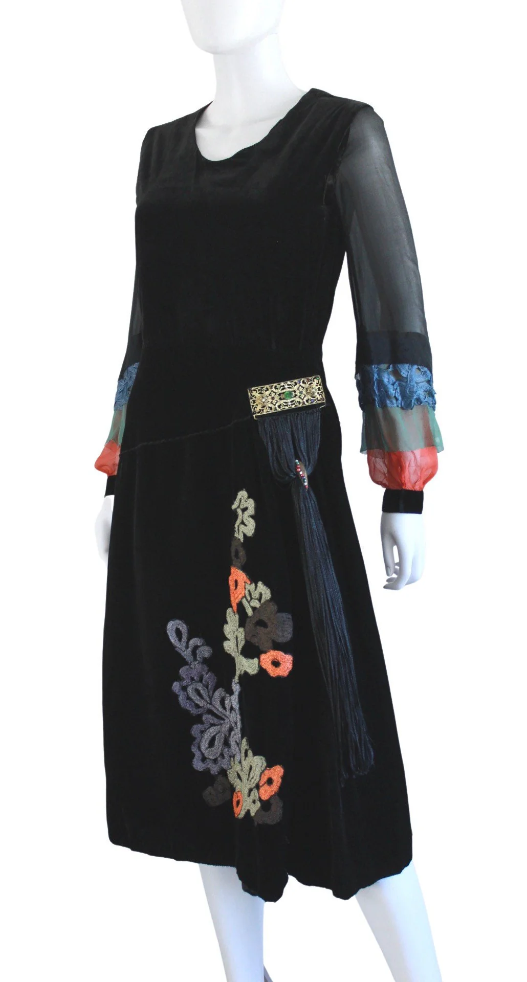 Stunning 20s Black Silk and Silk Velvet Two Piece Dress Set with Embroidery and Fringe Tassel - Image 5
