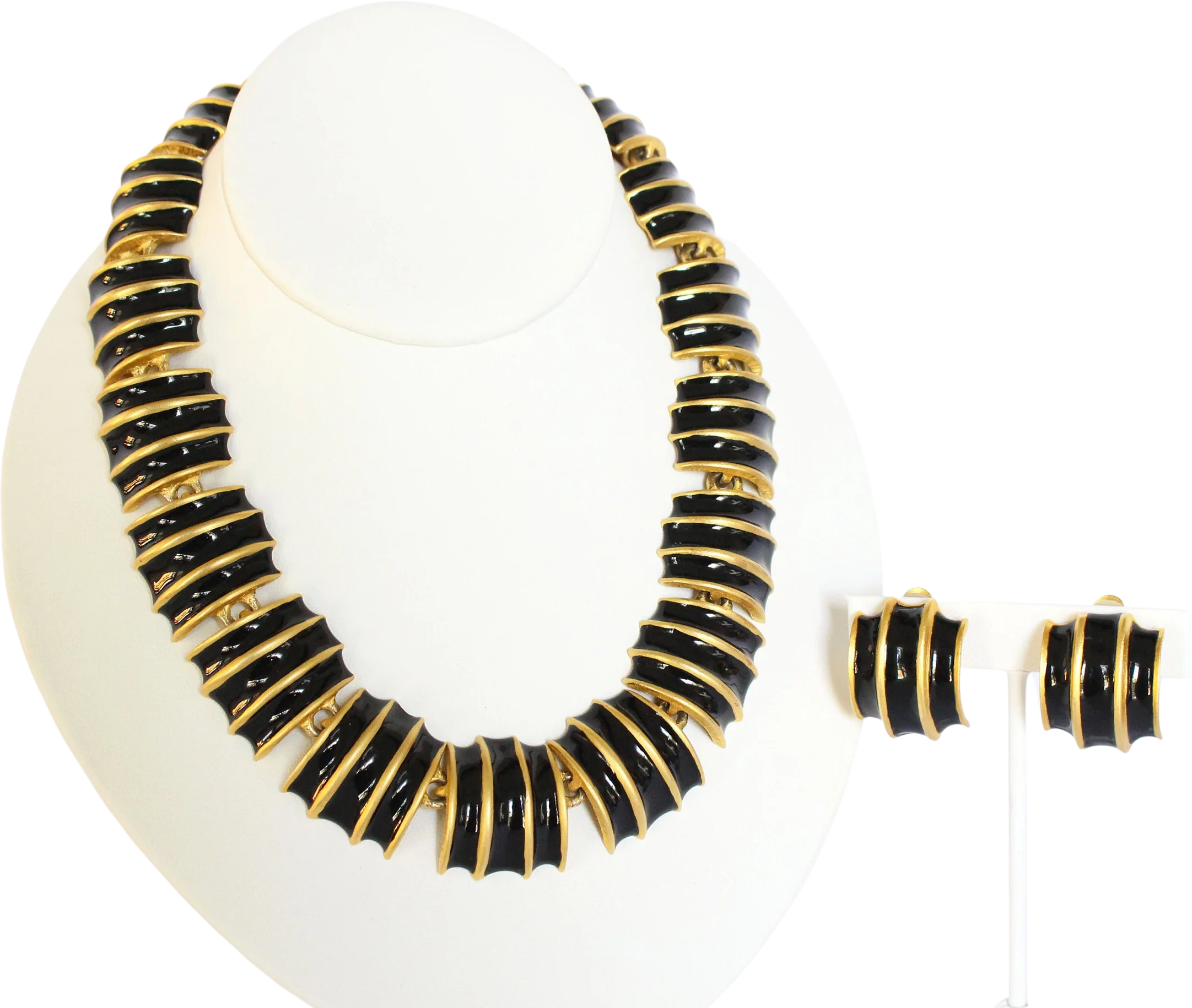Stunning Black and Gold Egyptian Revival Necklace and Earrings Set - Etruscan Roman Greek Vintage Jewelry, Estate Jewelry, Haute Couture