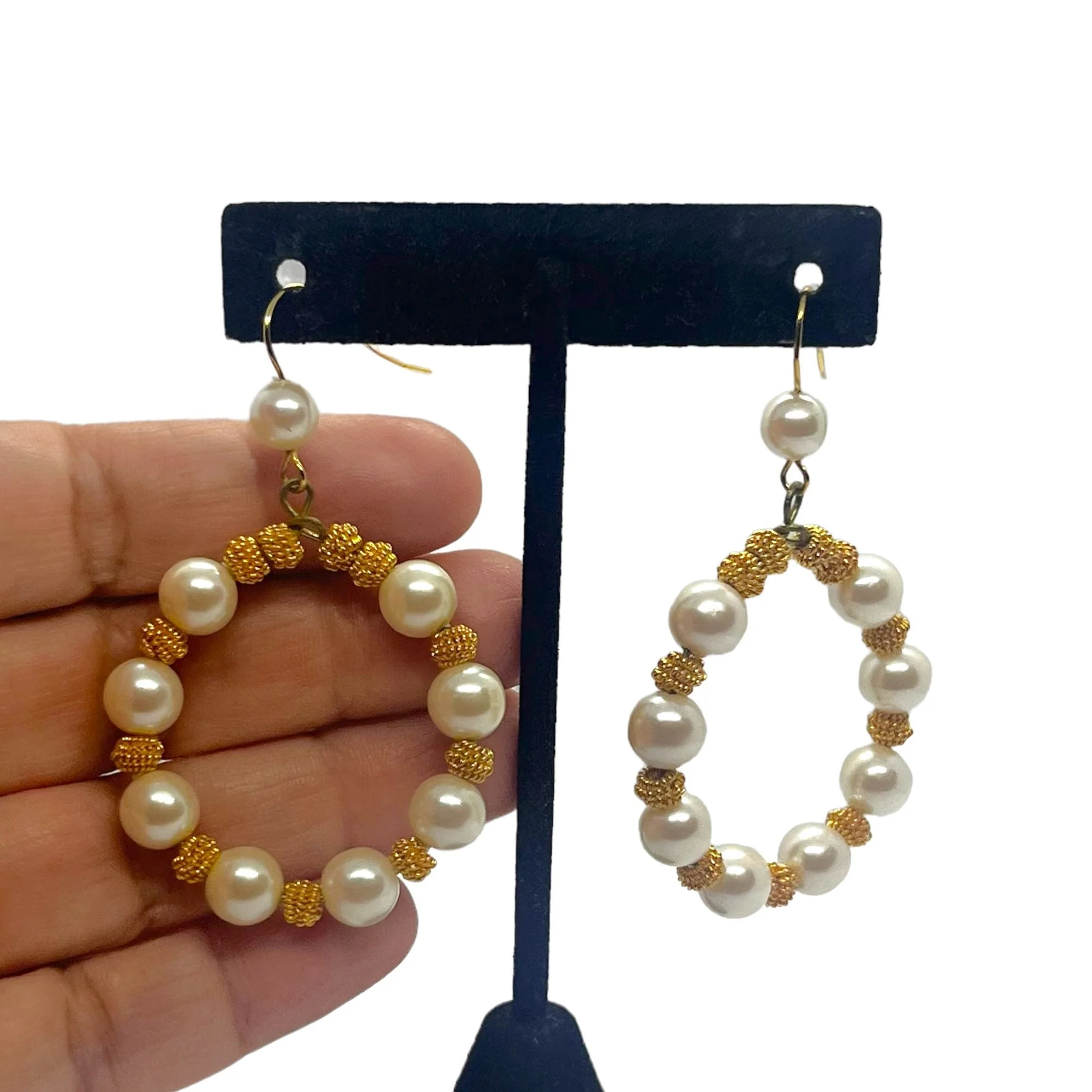 Stunning Vintage Pearl Hoop Earrings 80s 90s Delicate Beaded Runway Gold Tone Oversized Drop Dangle - Image 3