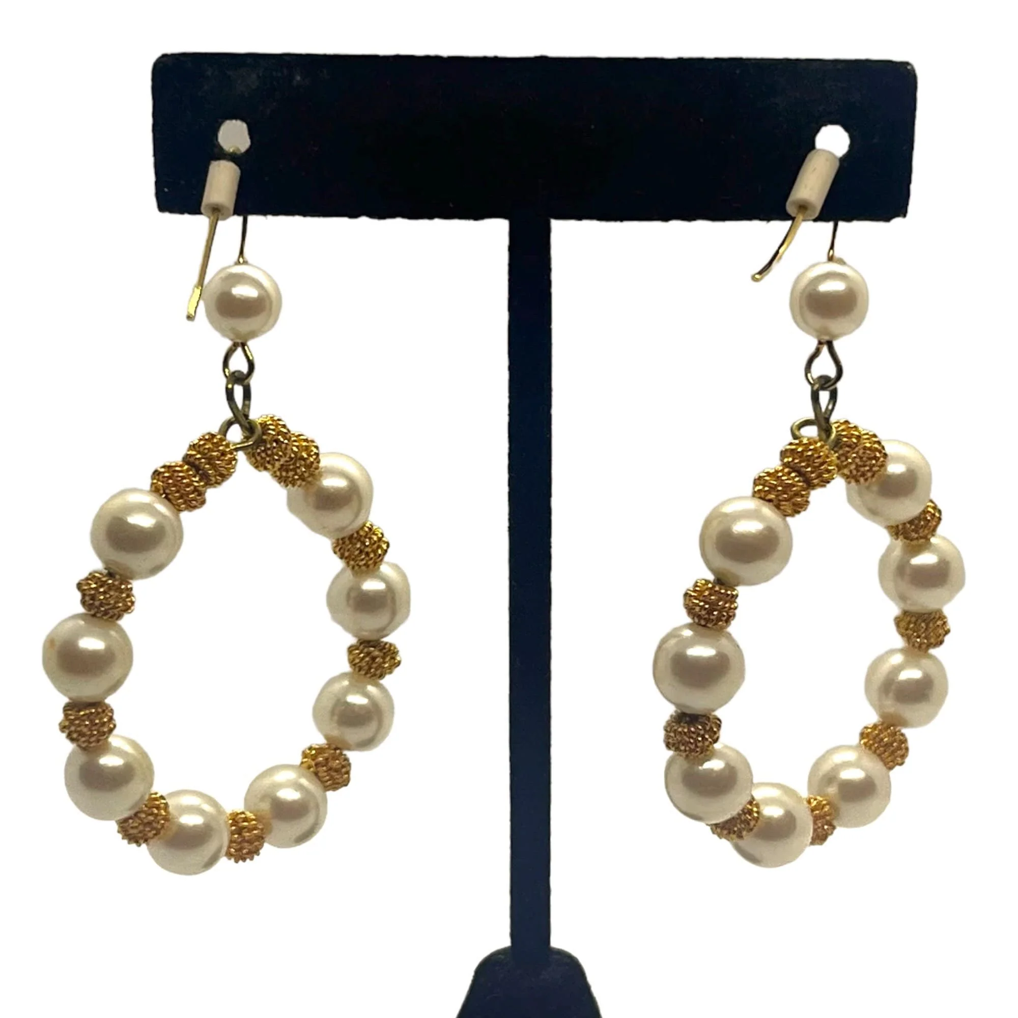 Stunning Vintage Pearl Hoop Earrings 80s 90s Delicate Beaded Runway Gold Tone Oversized Drop Dangle - Image 4