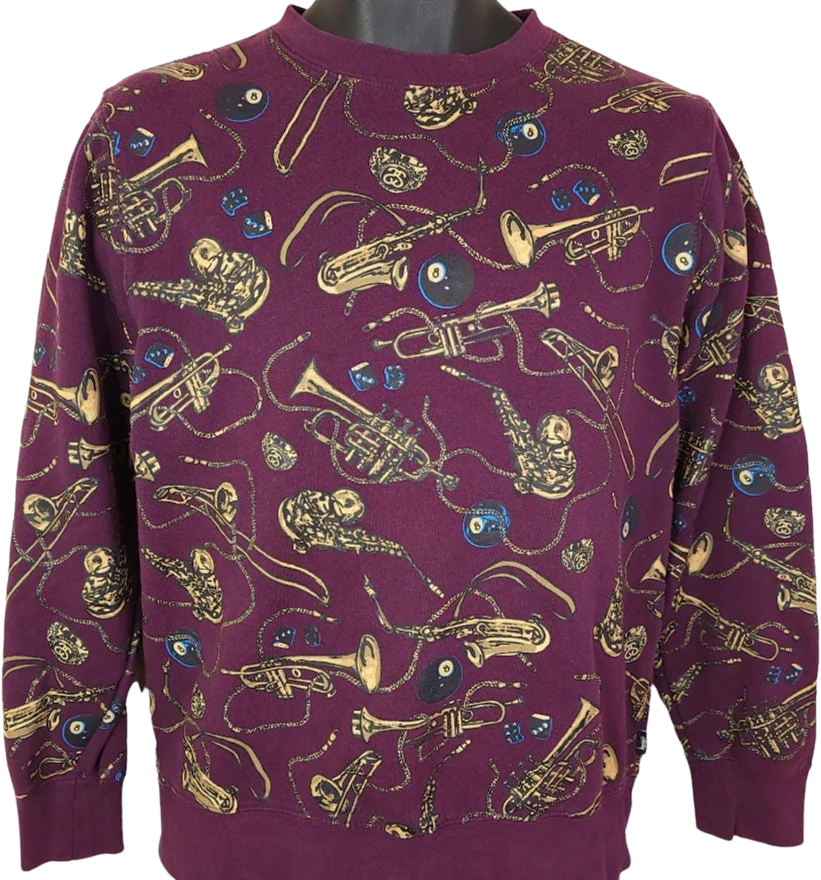 Stussy Sweatshirt Vintage 00s All Over Print Streetwear Made In Usa Mens Size Small
