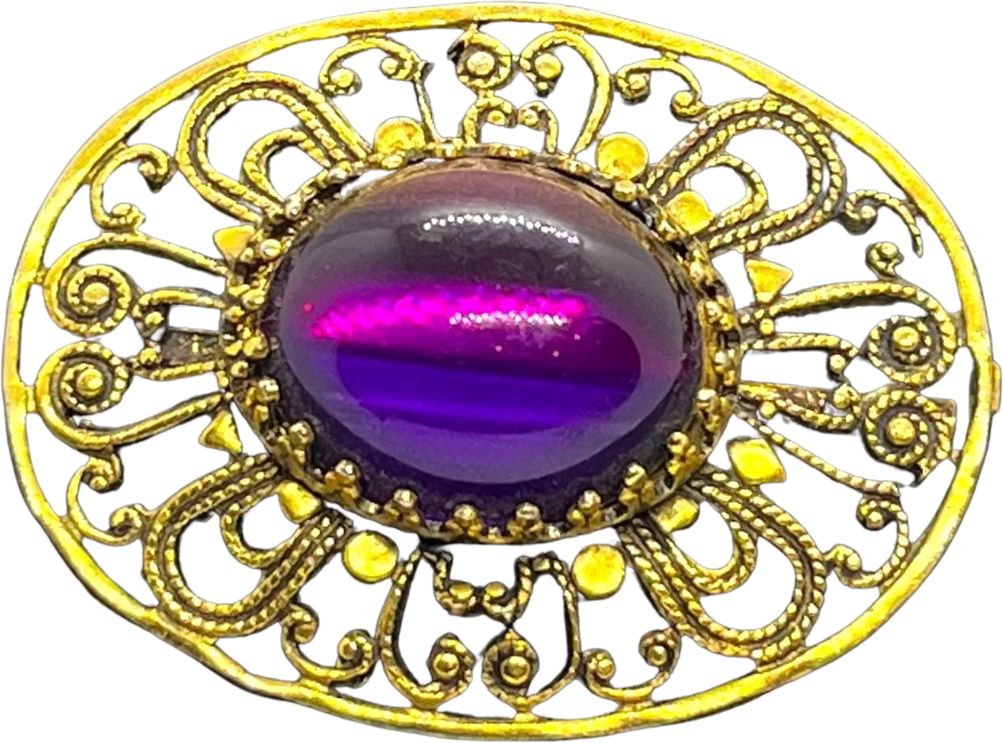 Sublime Vintage Freirich Gold Filigree Purple Rhinestone Brooch Pin 50s 60s Midcentury Art Nouveau Victorian Edwardian Revival Jewelry by Freirich