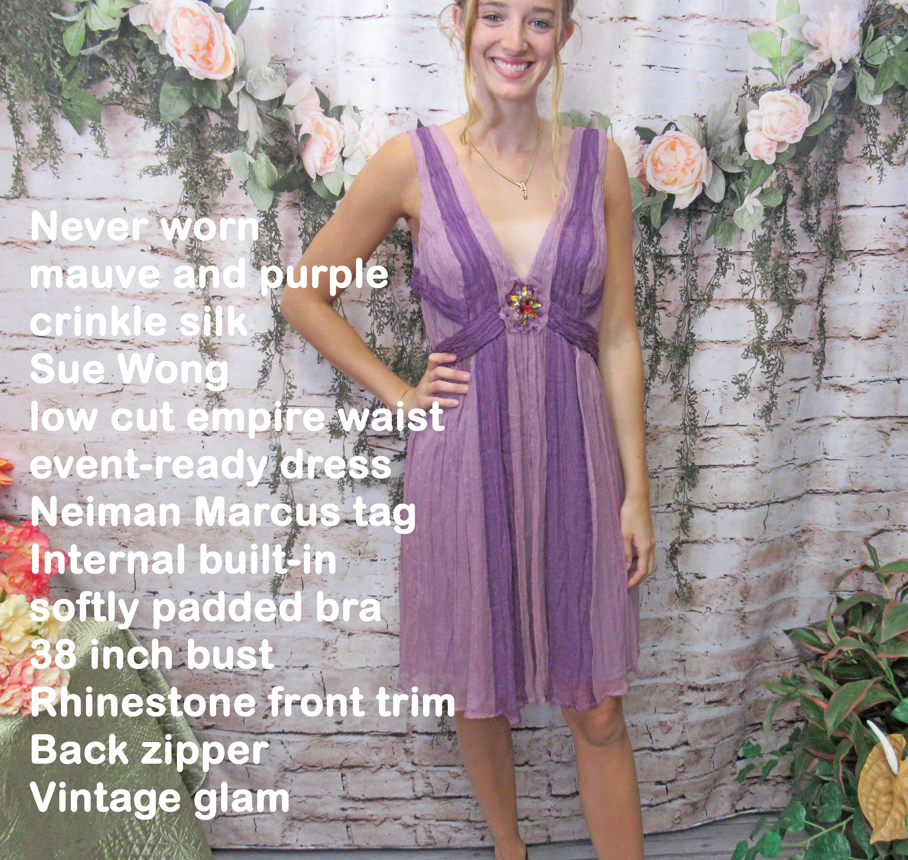 Sue Wong Dress Mauve and Purple Crinkle Silk Low Cut Eventready Neiman Marcus Tag Rhinestone Trim Back Zip Vintage by Sue Wong - Image 3
