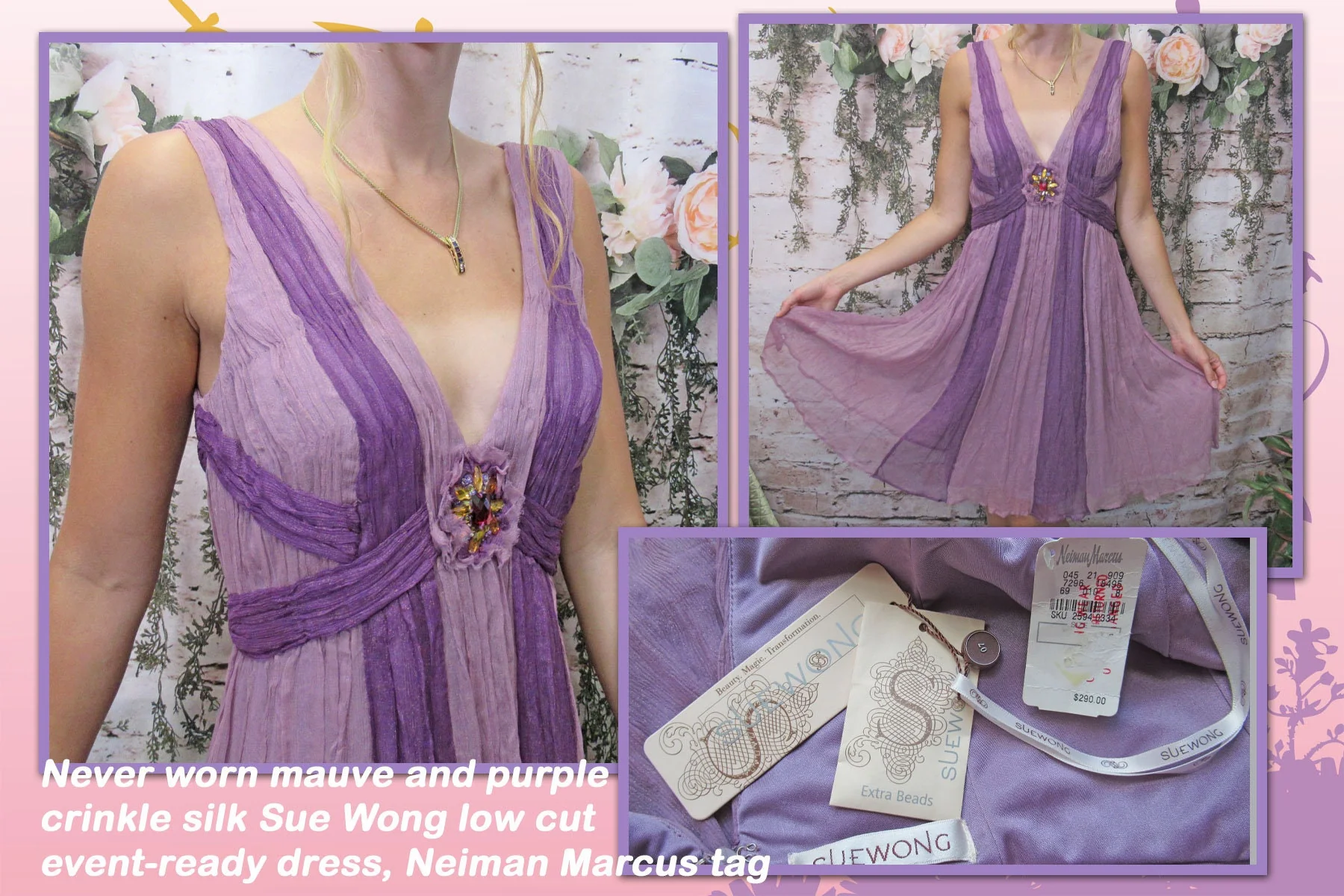 Sue Wong Dress Mauve and Purple Crinkle Silk Low Cut Eventready Neiman Marcus Tag Rhinestone Trim Back Zip Vintage by Sue Wong - Image 5