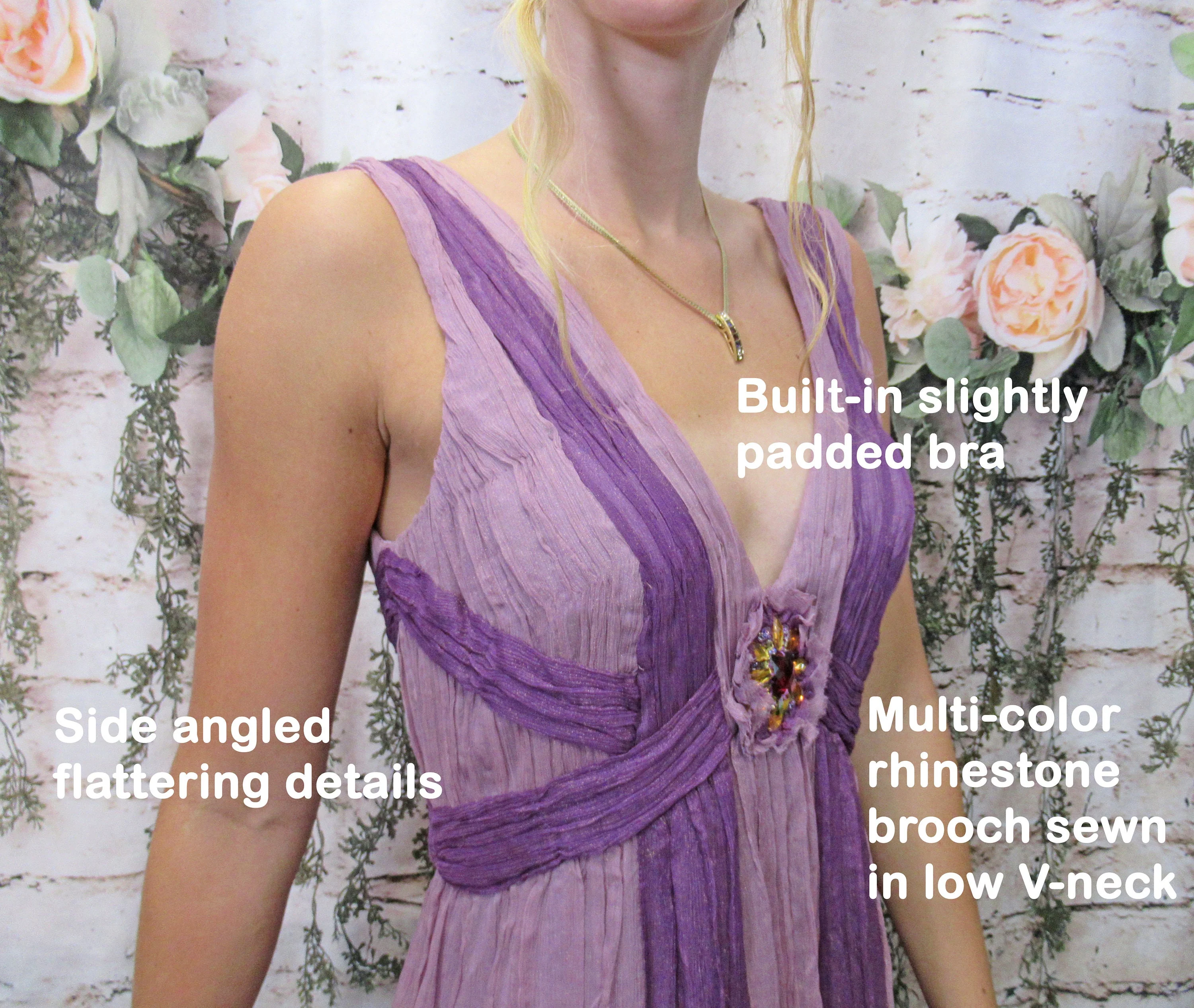 Sue Wong Dress Mauve and Purple Crinkle Silk Low Cut Eventready Neiman Marcus Tag Rhinestone Trim Back Zip Vintage by Sue Wong - Image 8