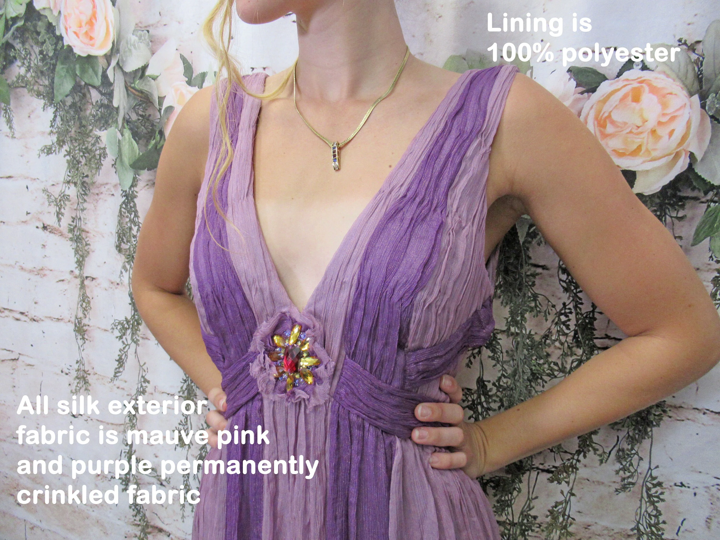 Sue Wong Dress Mauve and Purple Crinkle Silk Low Cut Eventready Neiman Marcus Tag Rhinestone Trim Back Zip Vintage by Sue Wong - Image 9