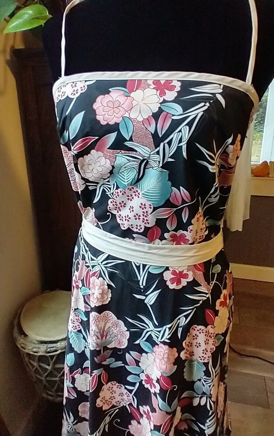 Summer Vintage Sundress Straps Belted Crosses In The Back Black with Floral Design Women's Small Made In Usa by Peep Studio - Image 3