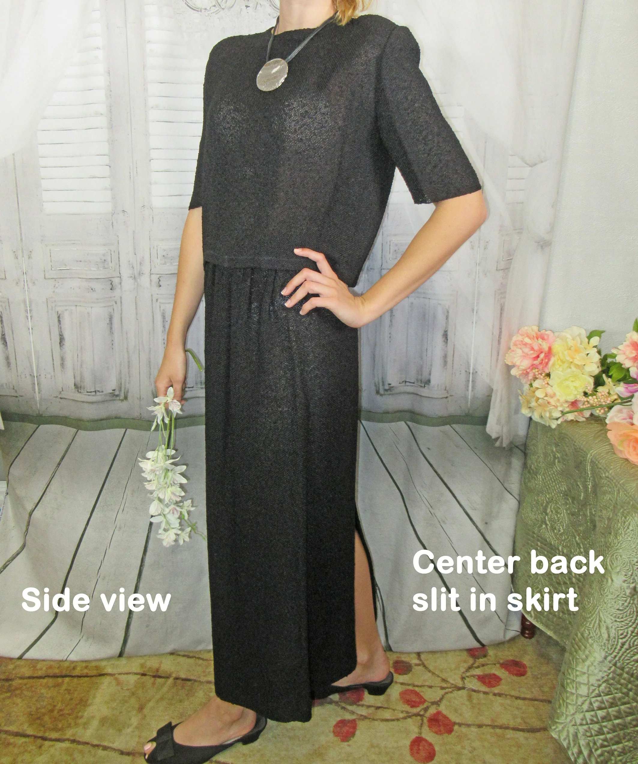 Sweater and Skirt Panache Handwoven Custom Made Dream Weavers Two Piece Black Nub Knit Length Top Long Skirt Hip Vintage by Panache - Image 2