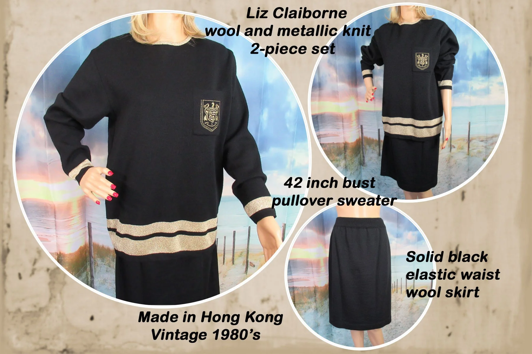 Sweater and Skirt Set Liz Claiborne Black W Gold Metallic Knit Pullover Tunic Top Has Long Sleeves Made In Hong Kong 80s Vintage by Liz Claiborne - Image 2