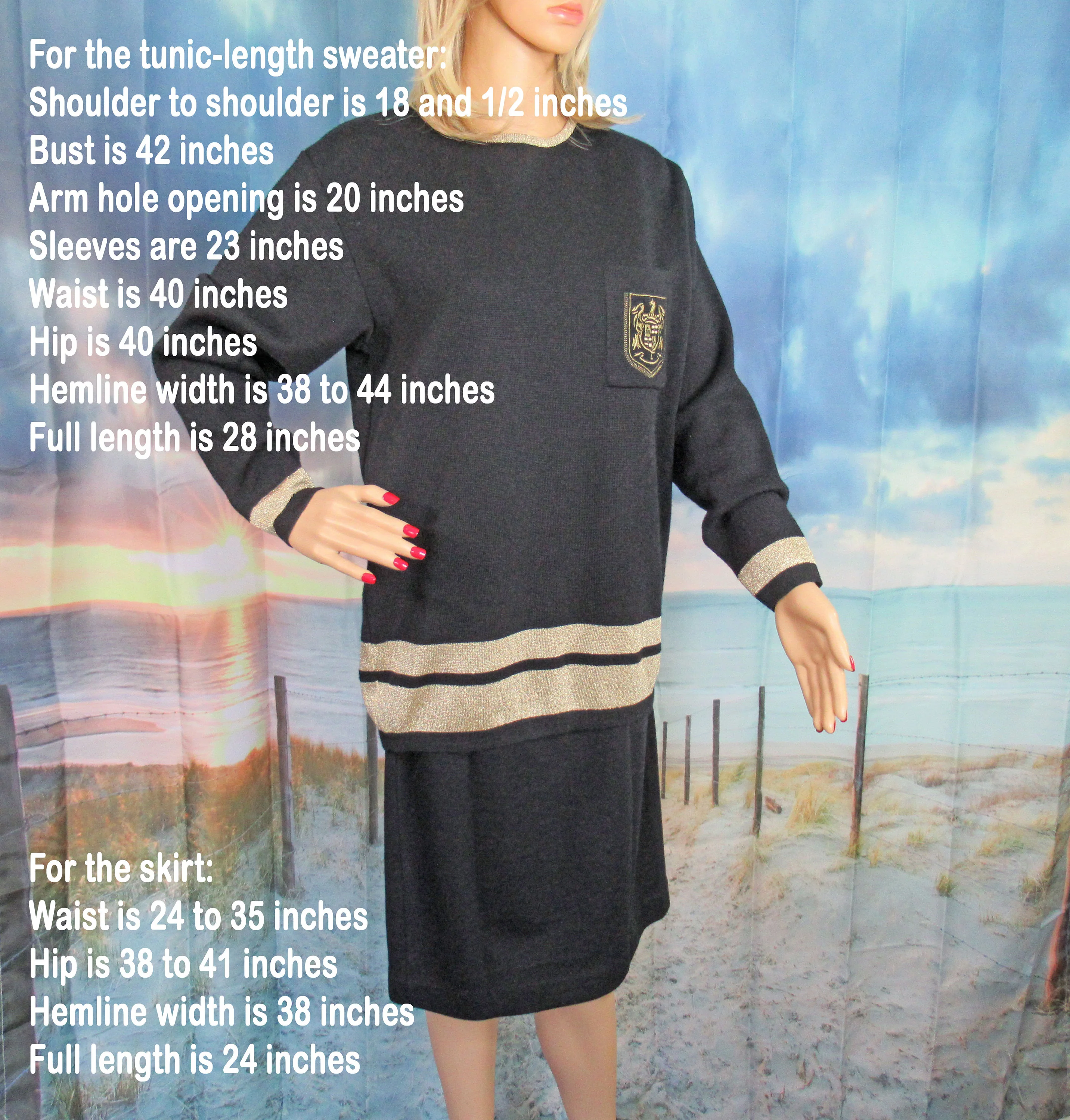 Sweater and Skirt Set Liz Claiborne Black W Gold Metallic Knit Pullover Tunic Top Has Long Sleeves Made In Hong Kong 80s Vintage by Liz Claiborne - Image 3