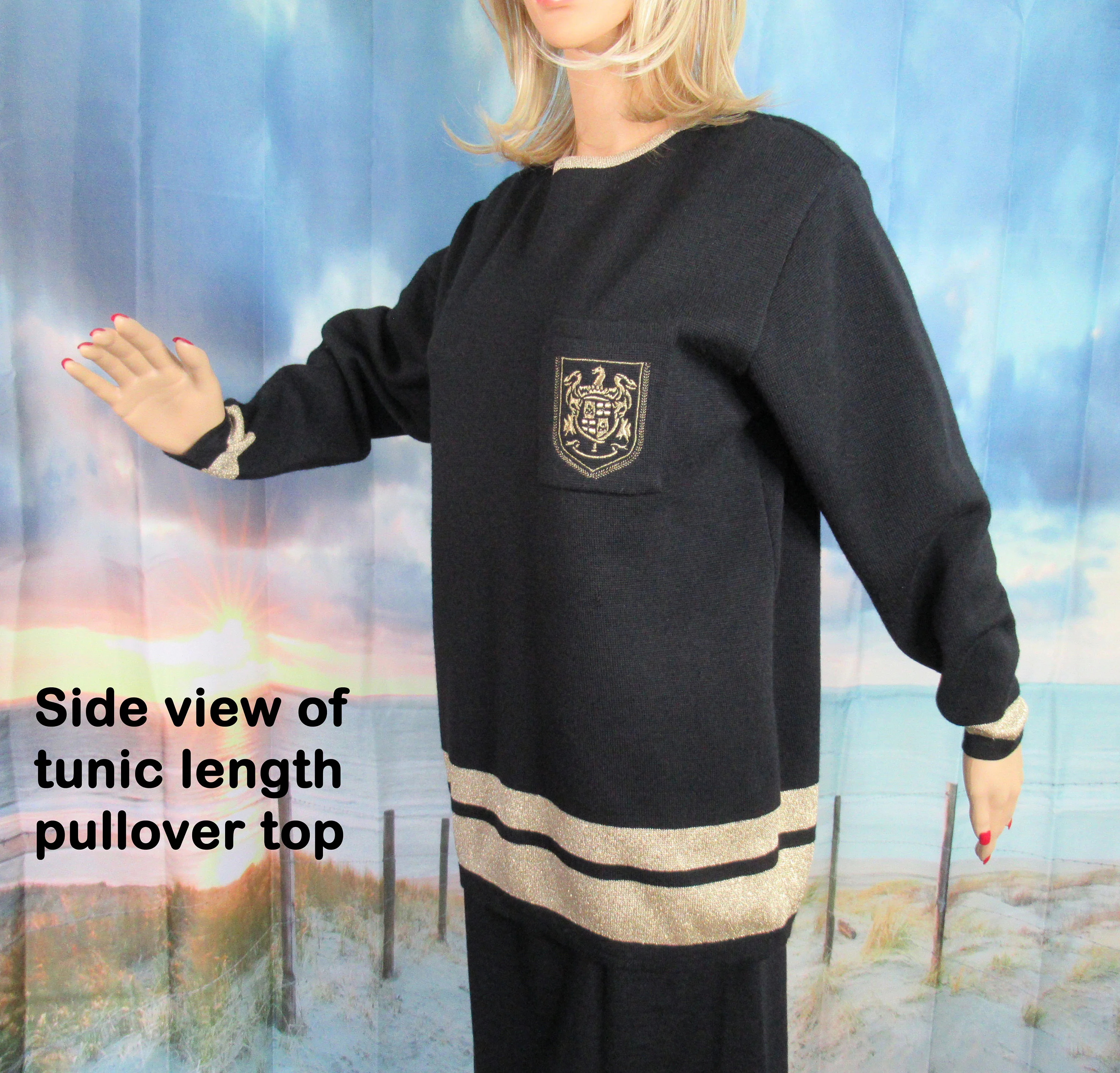 Sweater and Skirt Set Liz Claiborne Black W Gold Metallic Knit Pullover Tunic Top Has Long Sleeves Made In Hong Kong 80s Vintage by Liz Claiborne - Image 4