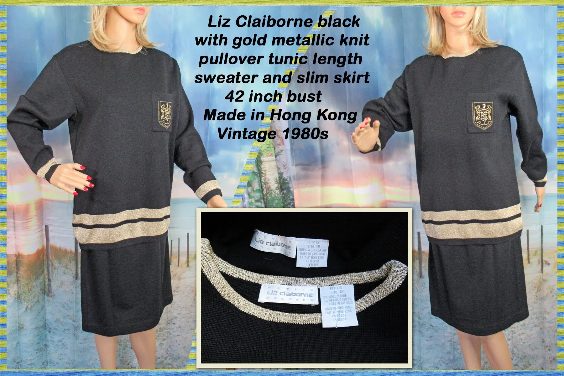 Sweater and Skirt Set Liz Claiborne Black W Gold Metallic Knit Pullover Tunic Top Has Long Sleeves Made In Hong Kong 80s Vintage by Liz Claiborne - Image 5