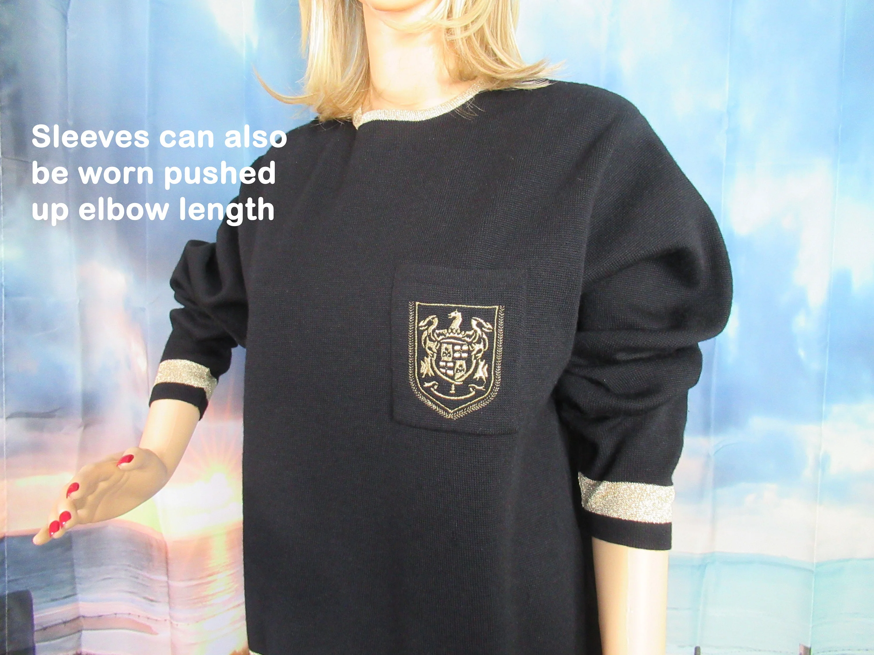 Sweater and Skirt Set Liz Claiborne Black W Gold Metallic Knit Pullover Tunic Top Has Long Sleeves Made In Hong Kong 80s Vintage by Liz Claiborne - Image 7