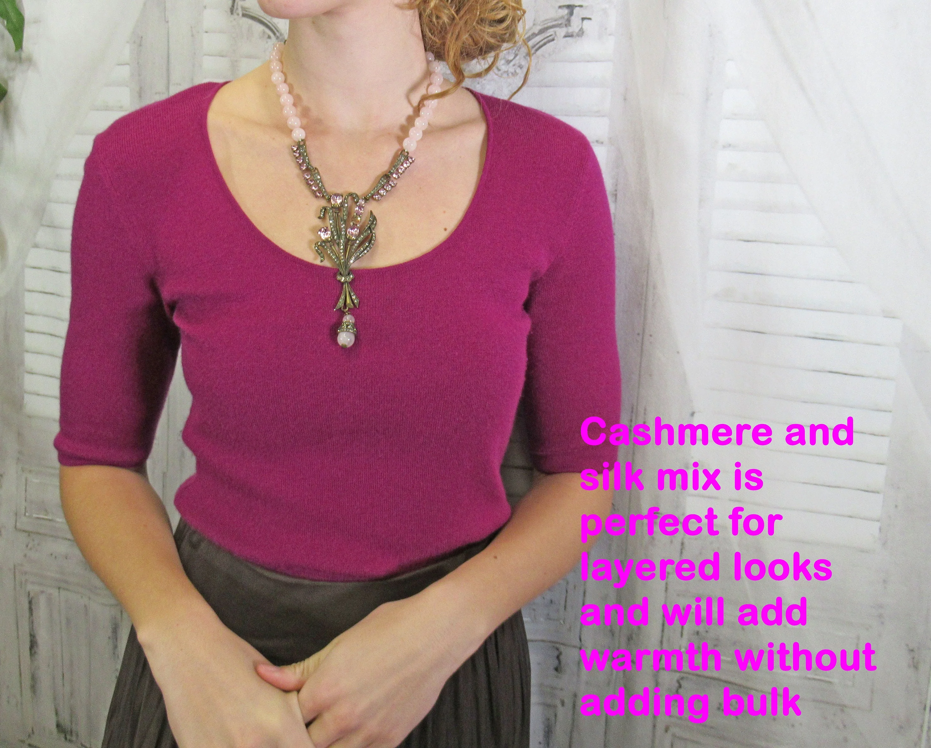 Sweater Cashmere and Silk Mix Dana Buchman Raspberry Pink Uneck Pullover Elbow Length Sleeve 34 To Below 90s Vintage by Dana Buchman - Image 3