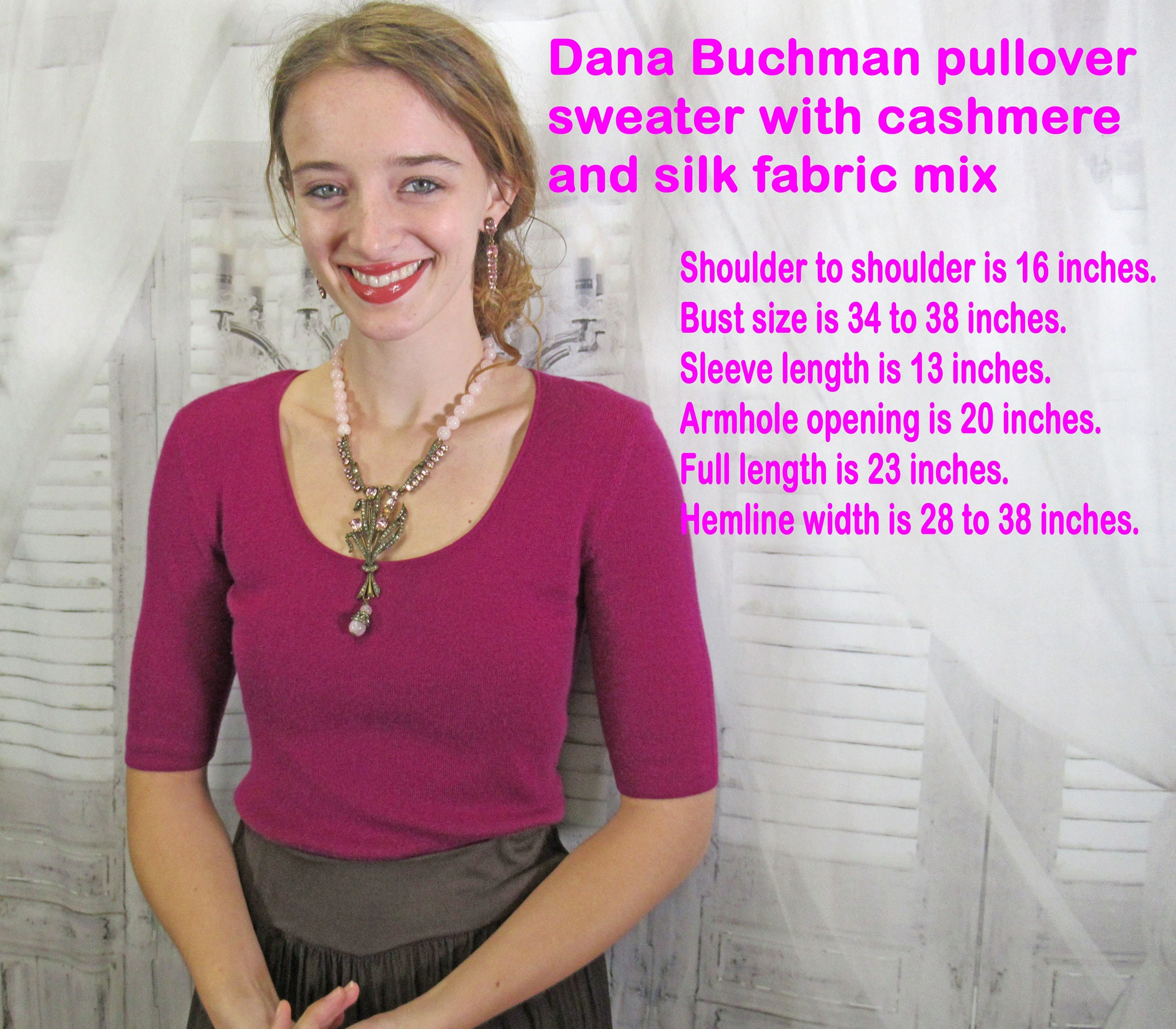 Sweater Cashmere and Silk Mix Dana Buchman Raspberry Pink Uneck Pullover Elbow Length Sleeve 34 To Below 90s Vintage by Dana Buchman - Image 4