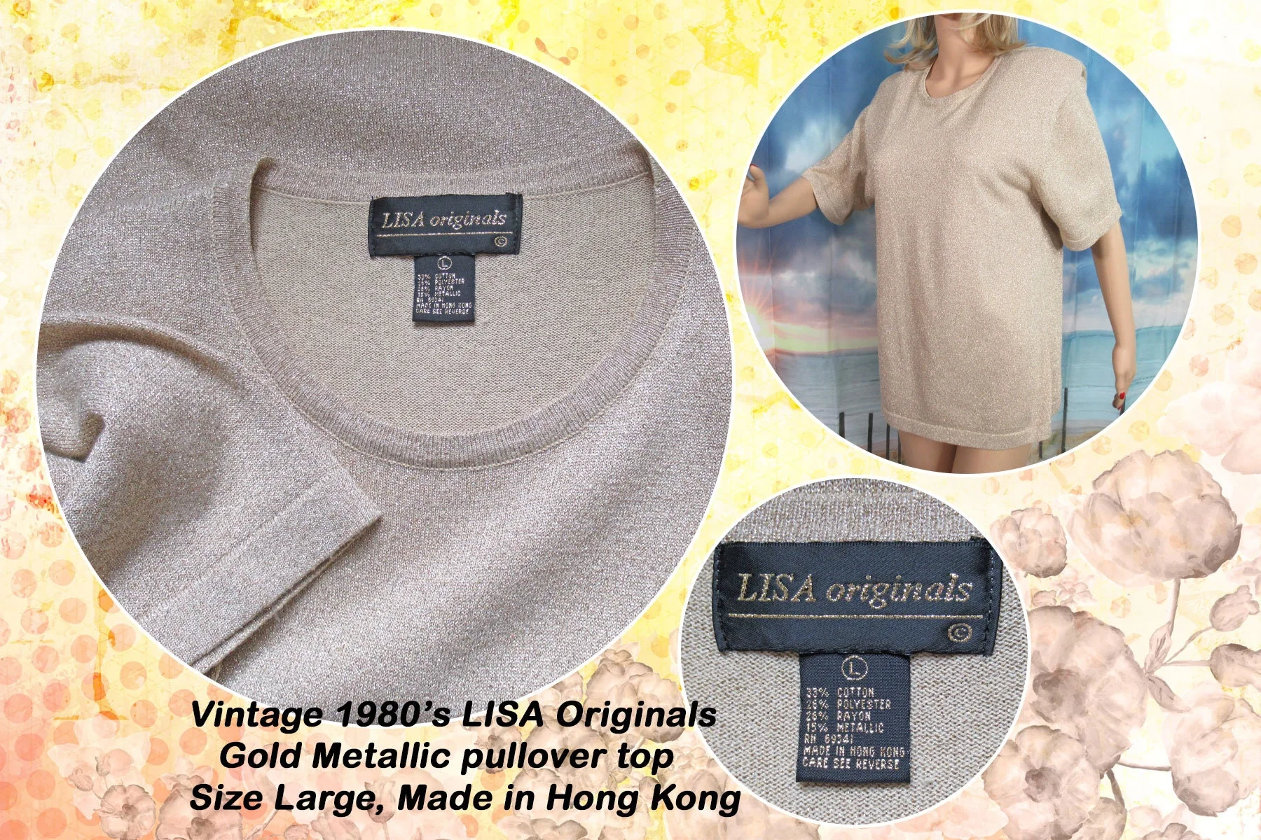 Sweater Lisa Originals Gold Metallic Pullover Short Sleeve Made Hong Kong 80s Round Neckline Cotton Poly Rayon Metallic by Lisa Originals - Image 10