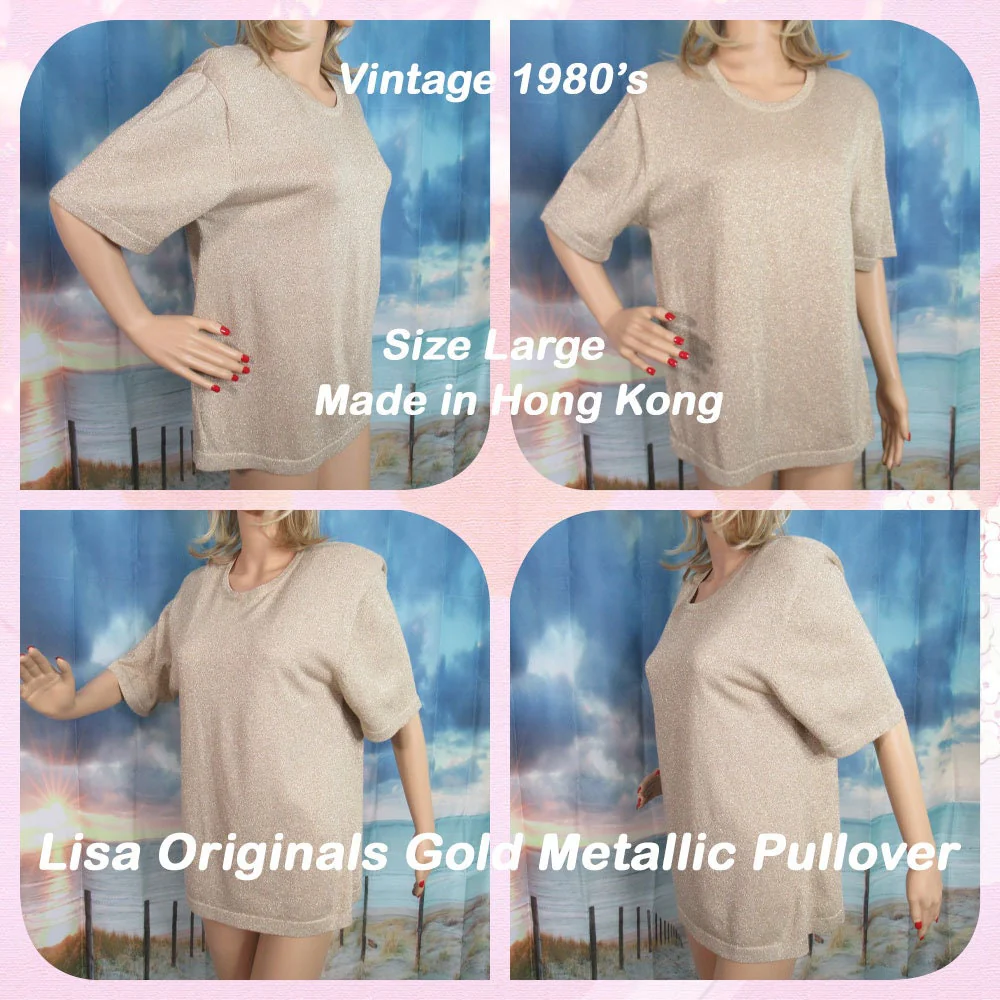 Sweater Lisa Originals Gold Metallic Pullover Short Sleeve Made Hong Kong 80s Round Neckline Cotton Poly Rayon Metallic by Lisa Originals - Image 5