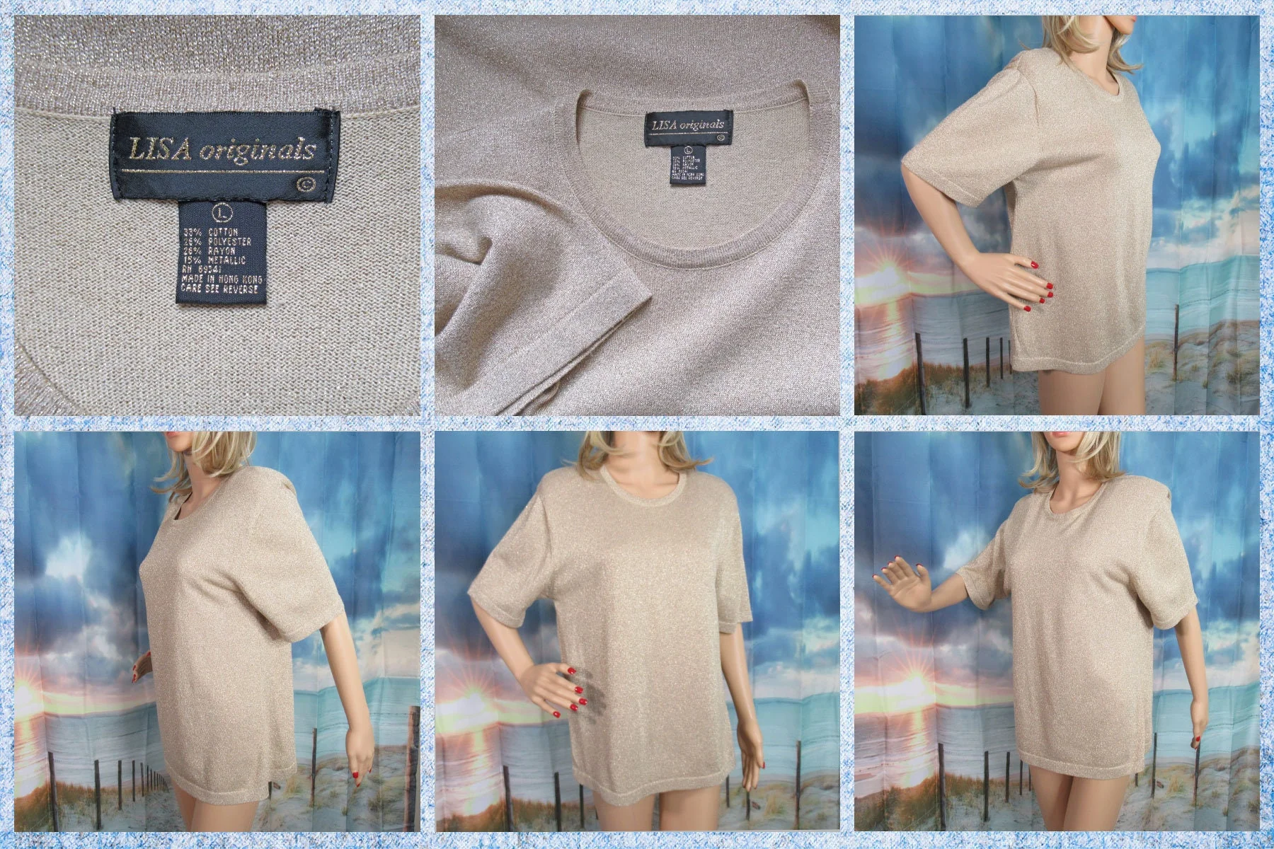 Sweater Lisa Originals Gold Metallic Pullover Short Sleeve Made Hong Kong 80s Round Neckline Cotton Poly Rayon Metallic by Lisa Originals - Image 8