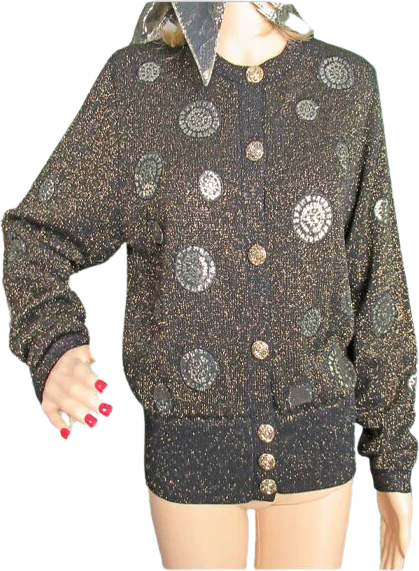 Sweater Umi Collections by Anne Crimmins Black and Gold Metallic Cardigan Gold Metal Buttons Long Sleeve Plus Scarf by Anne Crimmins