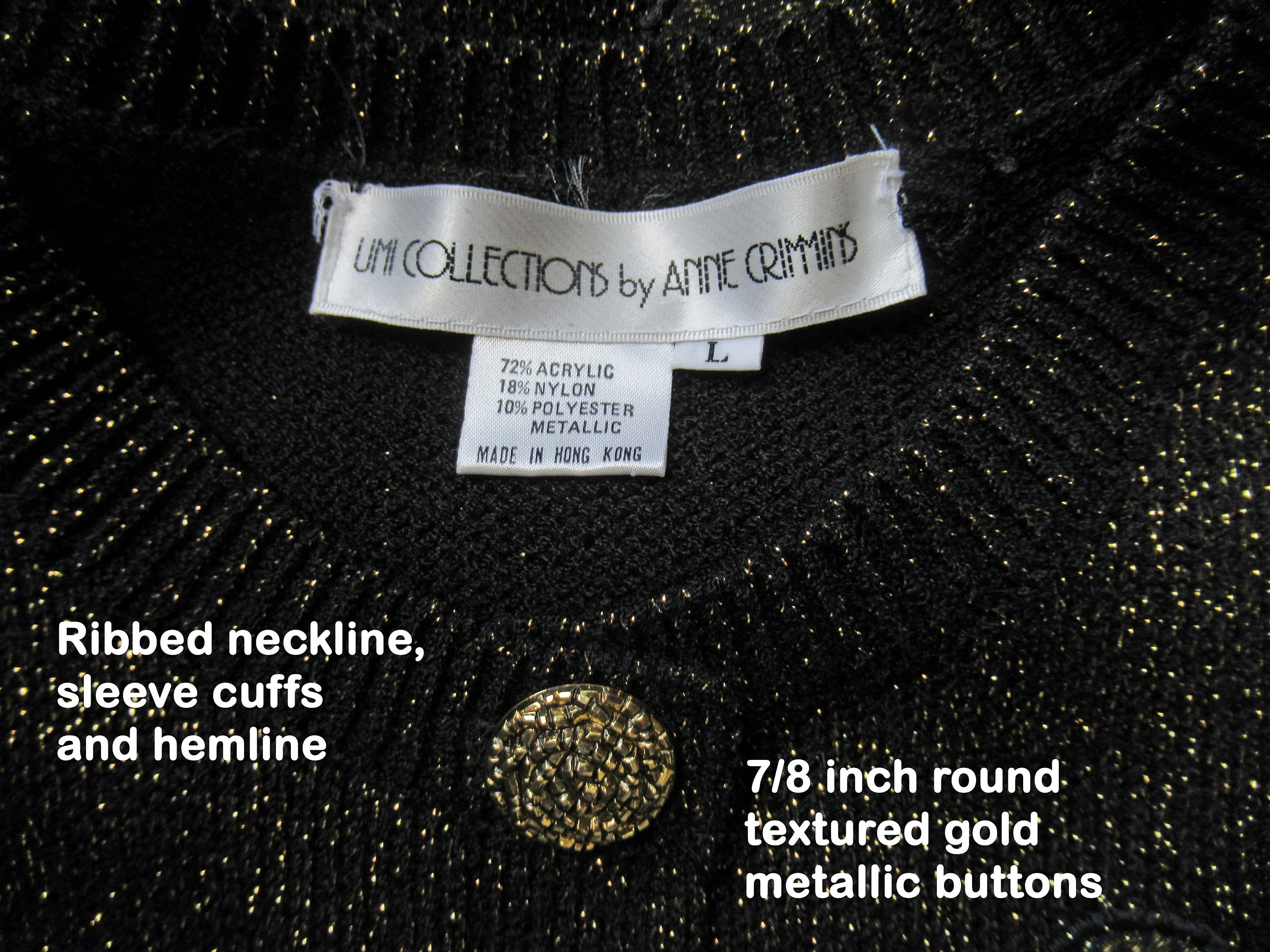Sweater Umi Collections by Anne Crimmins Black and Gold Metallic Cardigan Gold Metal Buttons Long Sleeve Plus Scarf by Anne Crimmins - Image 10