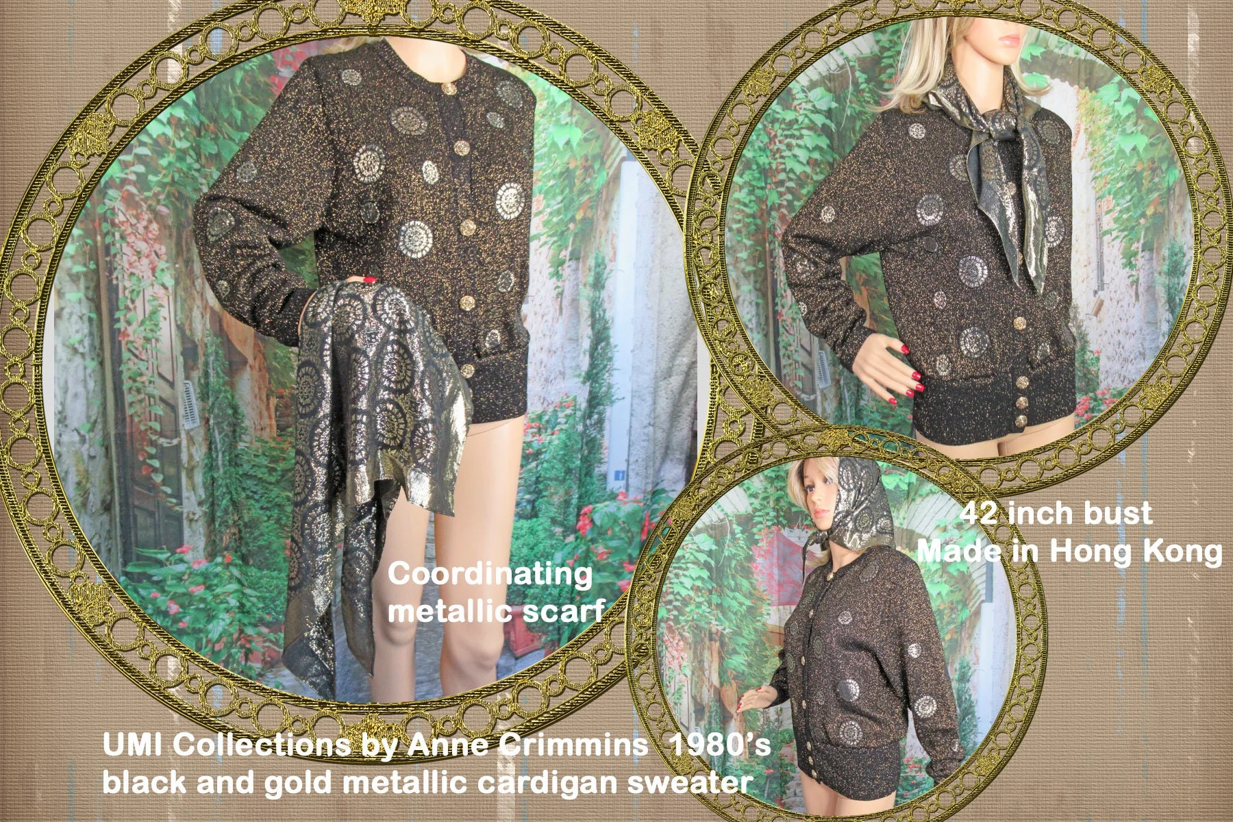Sweater Umi Collections by Anne Crimmins Black and Gold Metallic Cardigan Gold Metal Buttons Long Sleeve Plus Scarf by Anne Crimmins - Image 2