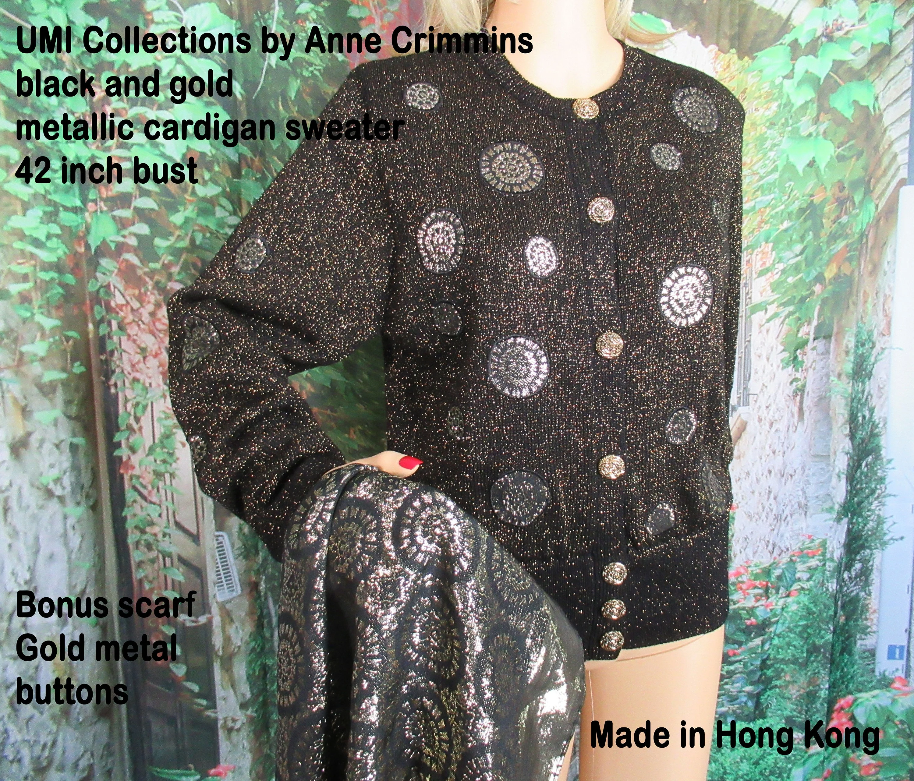 Sweater Umi Collections by Anne Crimmins Black and Gold Metallic Cardigan Gold Metal Buttons Long Sleeve Plus Scarf by Anne Crimmins - Image 3