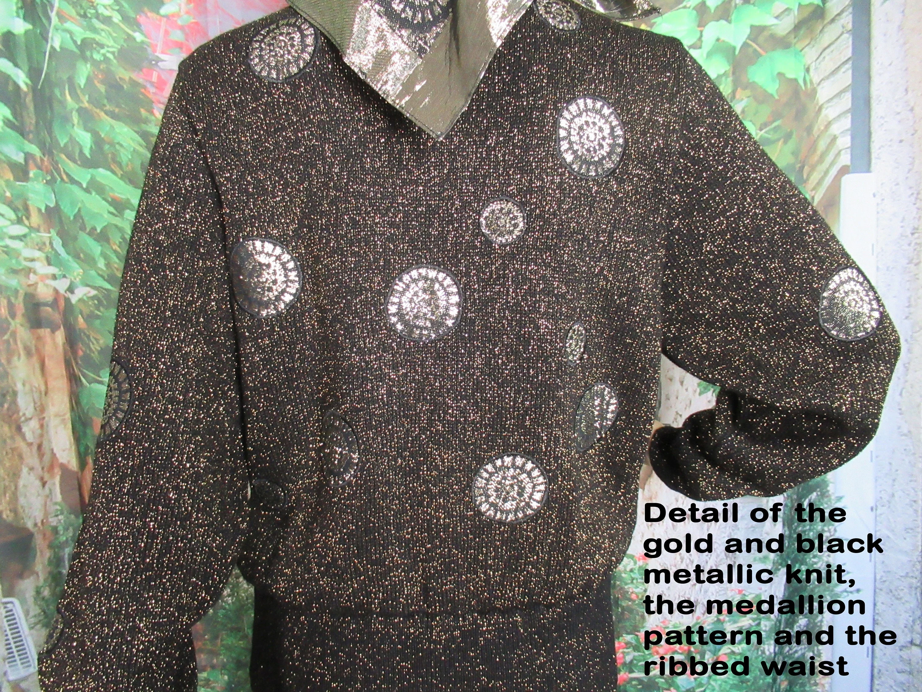 Sweater Umi Collections by Anne Crimmins Black and Gold Metallic Cardigan Gold Metal Buttons Long Sleeve Plus Scarf by Anne Crimmins - Image 4