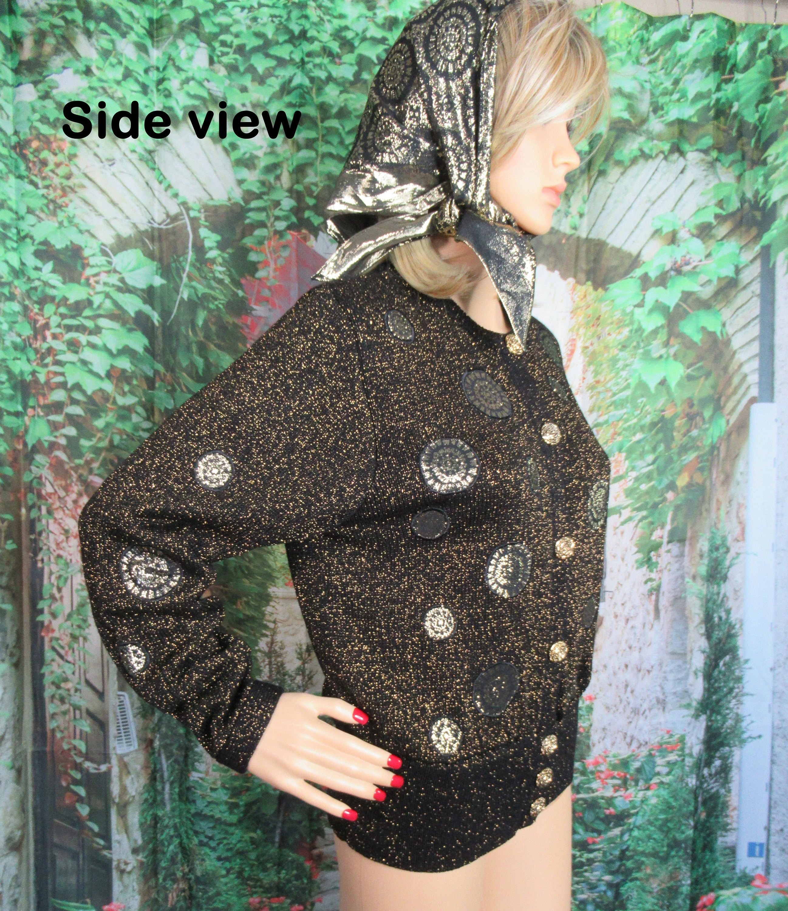 Sweater Umi Collections by Anne Crimmins Black and Gold Metallic Cardigan Gold Metal Buttons Long Sleeve Plus Scarf by Anne Crimmins - Image 5