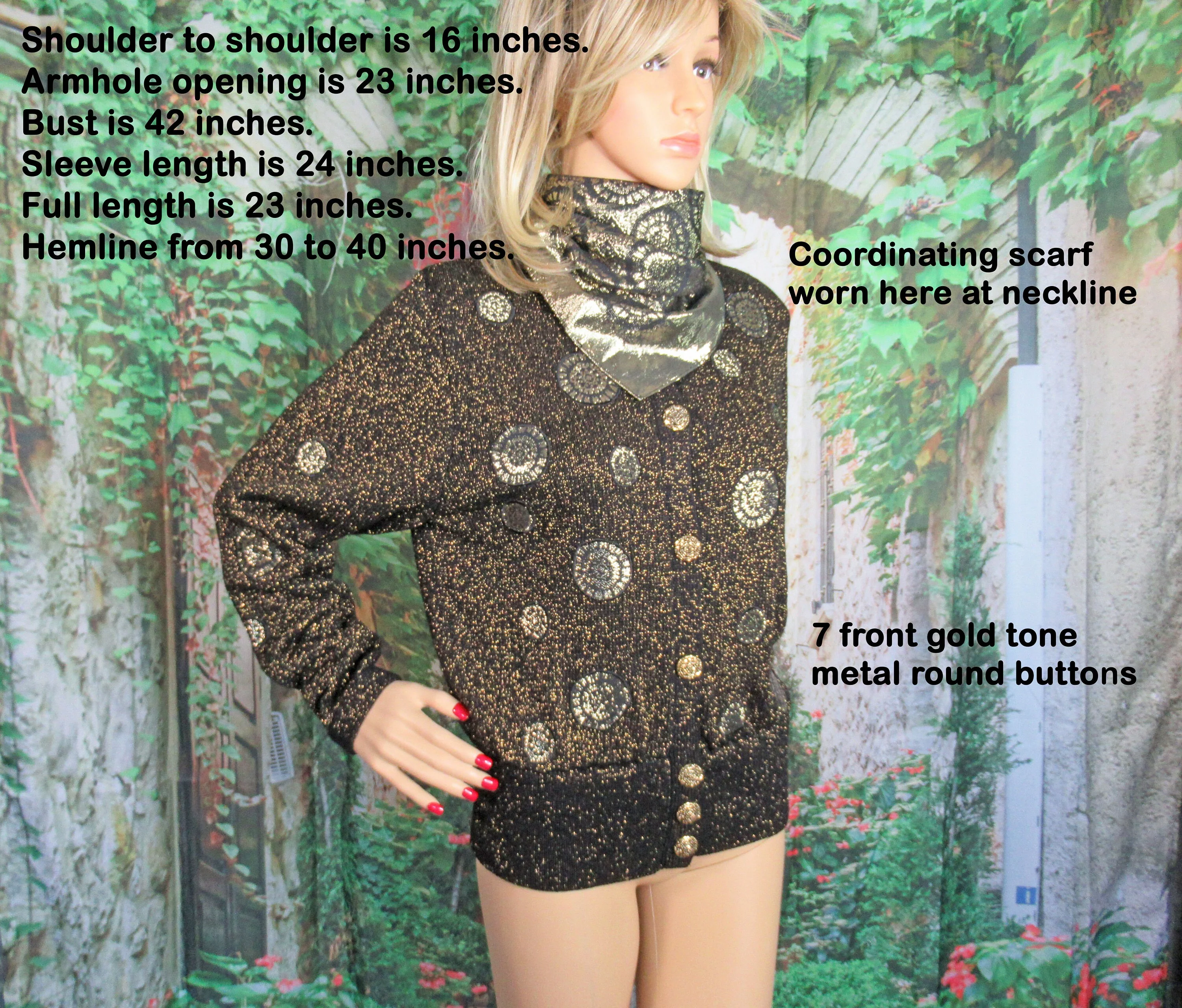Sweater Umi Collections by Anne Crimmins Black and Gold Metallic Cardigan Gold Metal Buttons Long Sleeve Plus Scarf by Anne Crimmins - Image 6