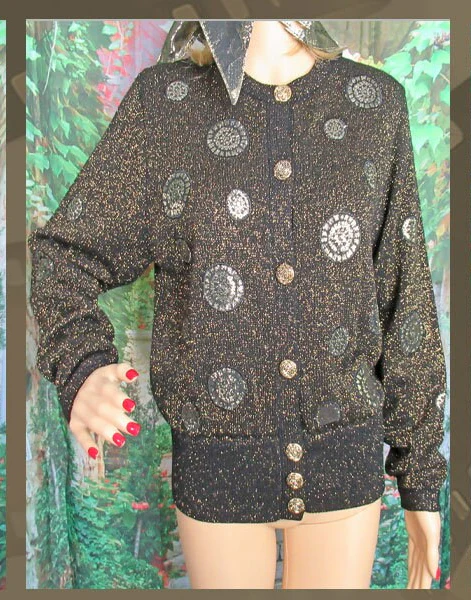 Sweater Umi Collections by Anne Crimmins Black and Gold Metallic Cardigan Gold Metal Buttons Long Sleeve Plus Scarf by Anne Crimmins - Image 7
