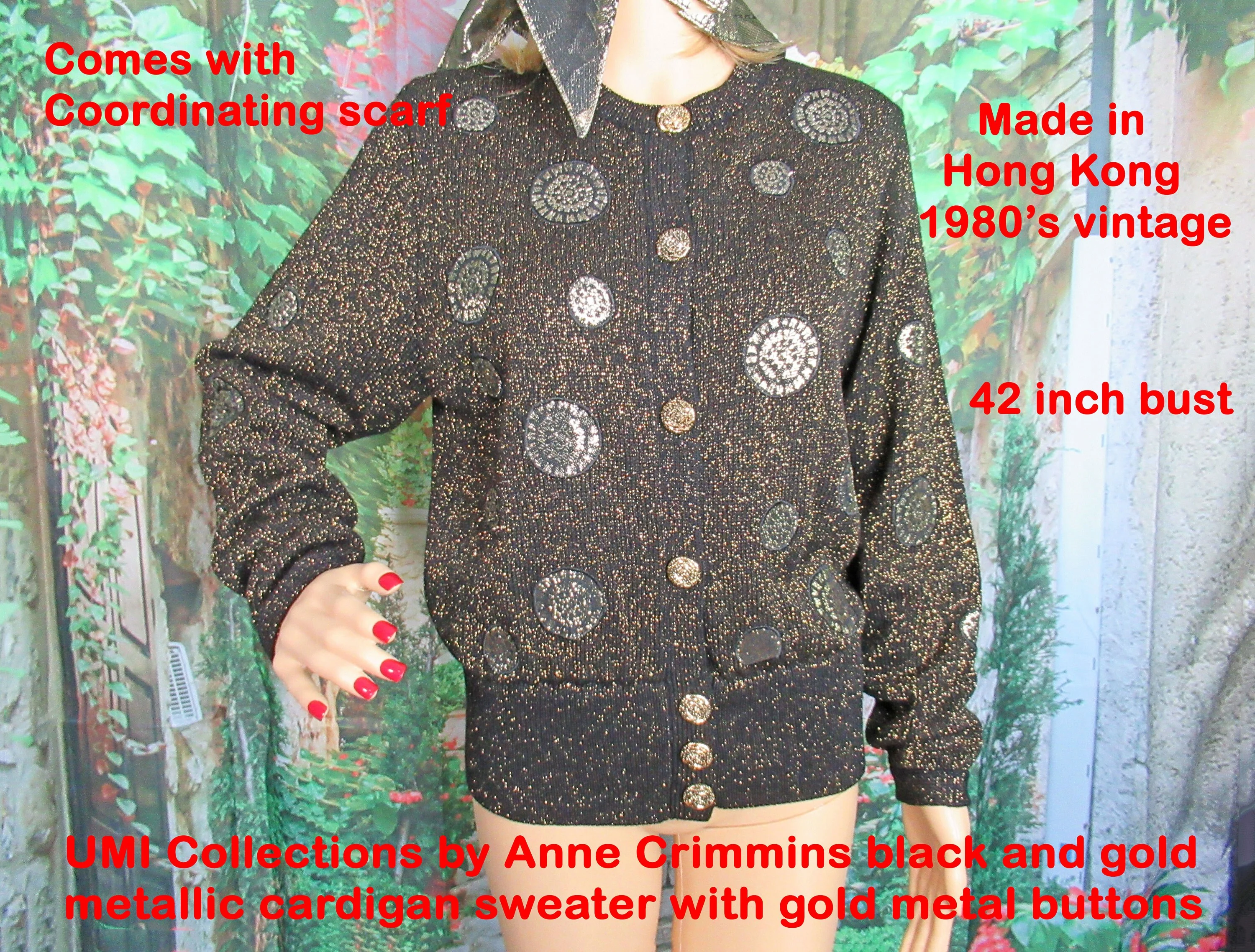 Sweater Umi Collections by Anne Crimmins Black and Gold Metallic Cardigan Gold Metal Buttons Long Sleeve Plus Scarf by Anne Crimmins - Image 8