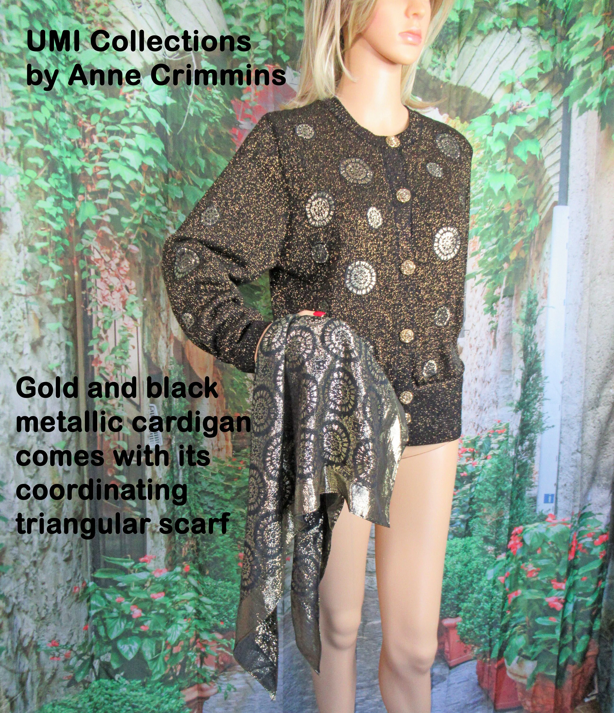 Sweater Umi Collections by Anne Crimmins Black and Gold Metallic Cardigan Gold Metal Buttons Long Sleeve Plus Scarf by Anne Crimmins - Image 9