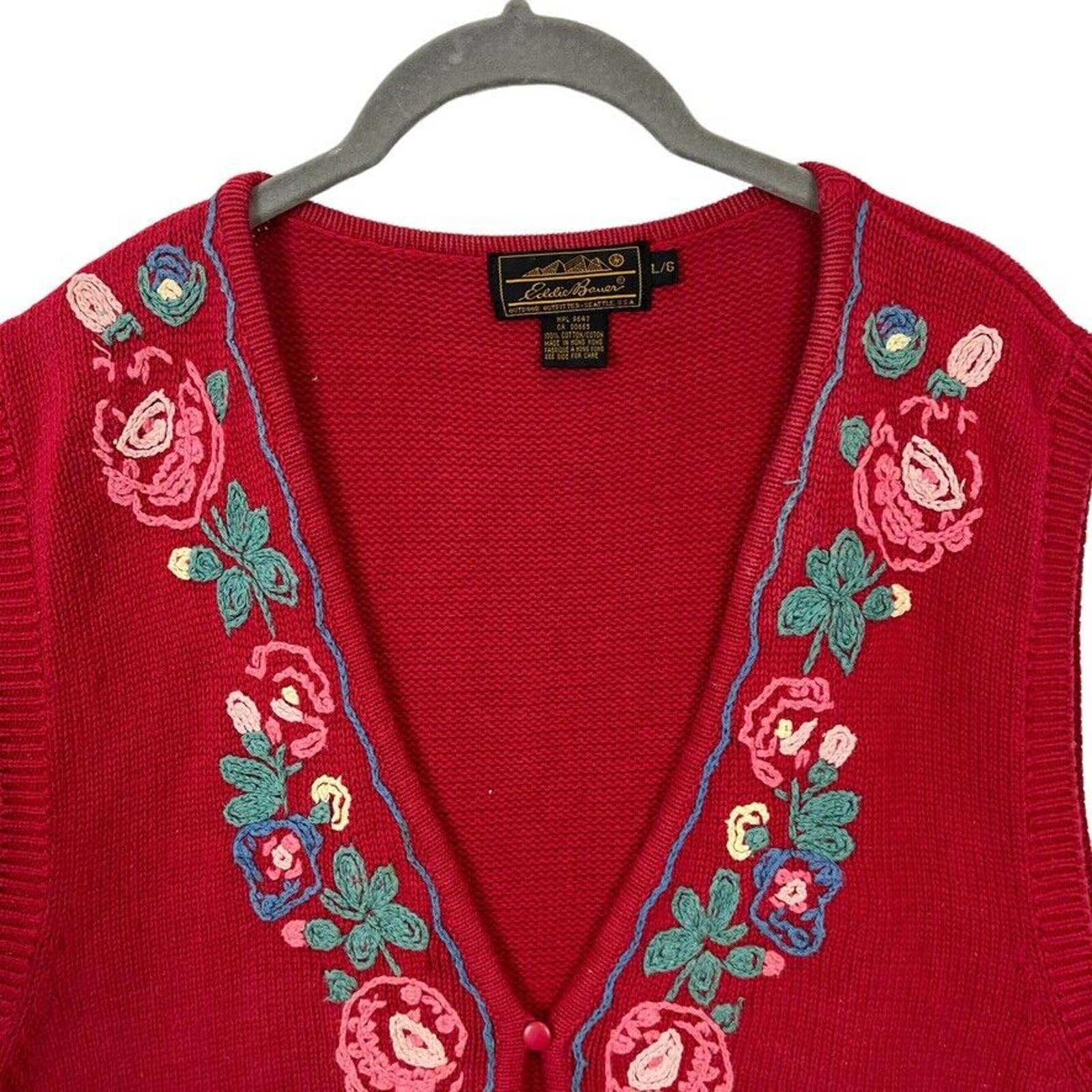 Sweater Vest Women Red Embroidered Flowers Vintage 90s Size Large L by Eddie Bauer - Image 3