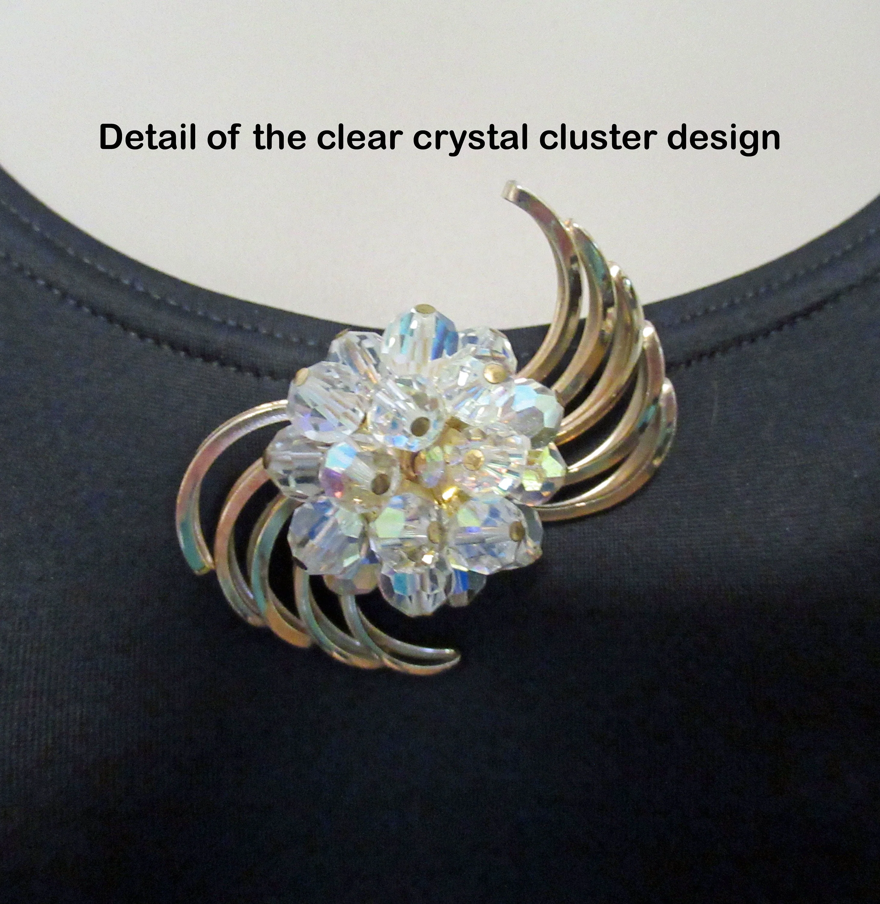 Swirl Gold Tone Metal Brooch Clear Faceted Crystal Cluster In Center Statement Vintage Unsigned Unique - Image 10
