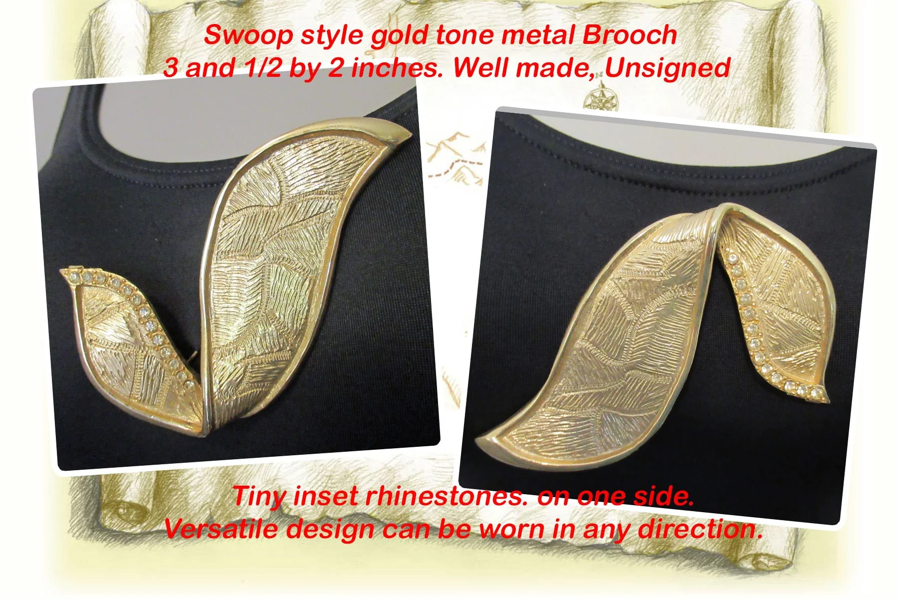 Swoop Style Metal Brooch 3 and 1/2 by 2 Inches Gold Tone Tiny Inset Rhinestones Unusual Design with Textured Metal Well Made Unsigned - Image 2