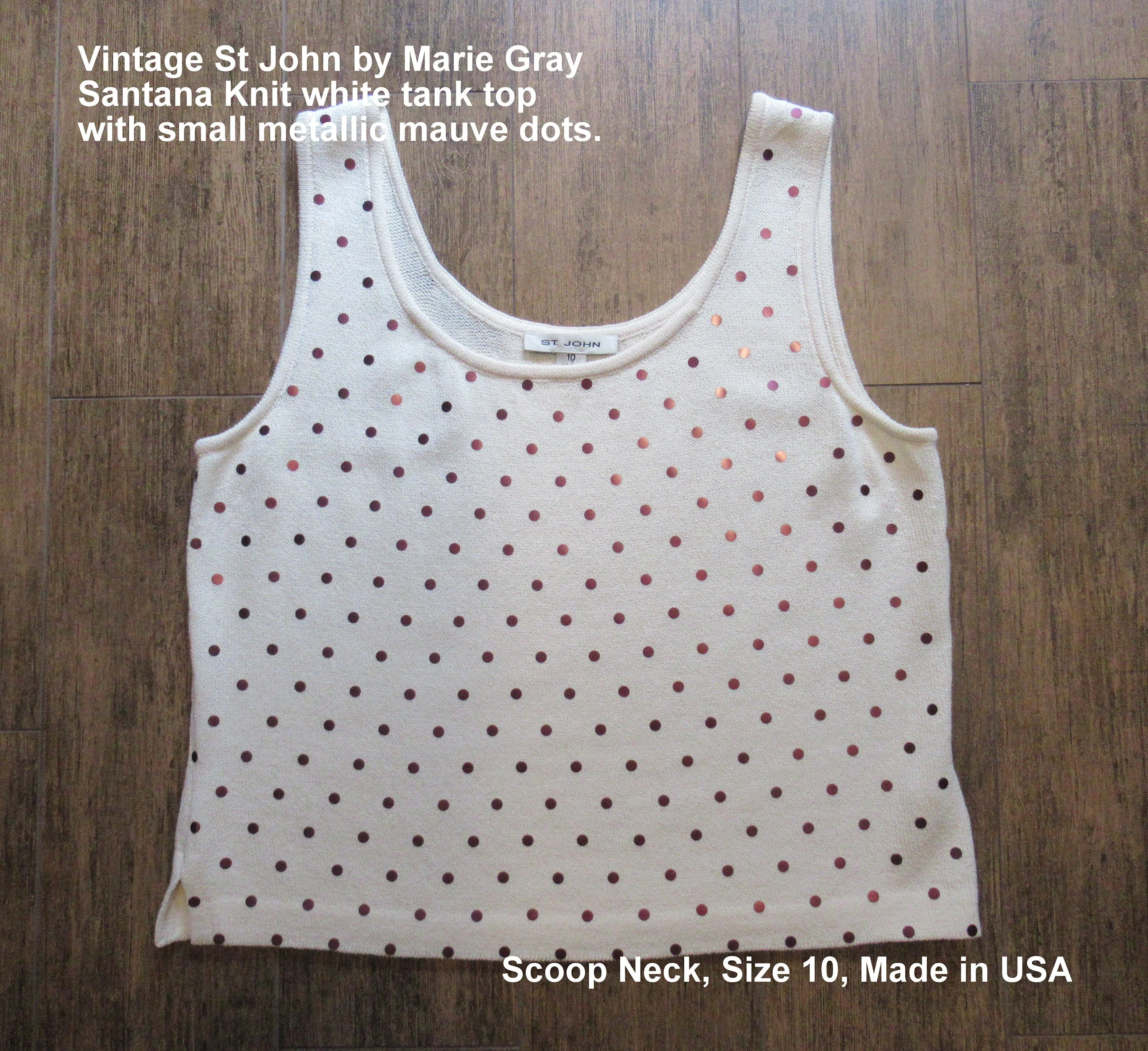 Sz 10 Tank Top 38 Bust Marie Gray Santana Knit White with Small Metallic Mauve Dots, Scoop Neck, 21 Inch Long, Made In Usa, Vtg by St John - Image 2