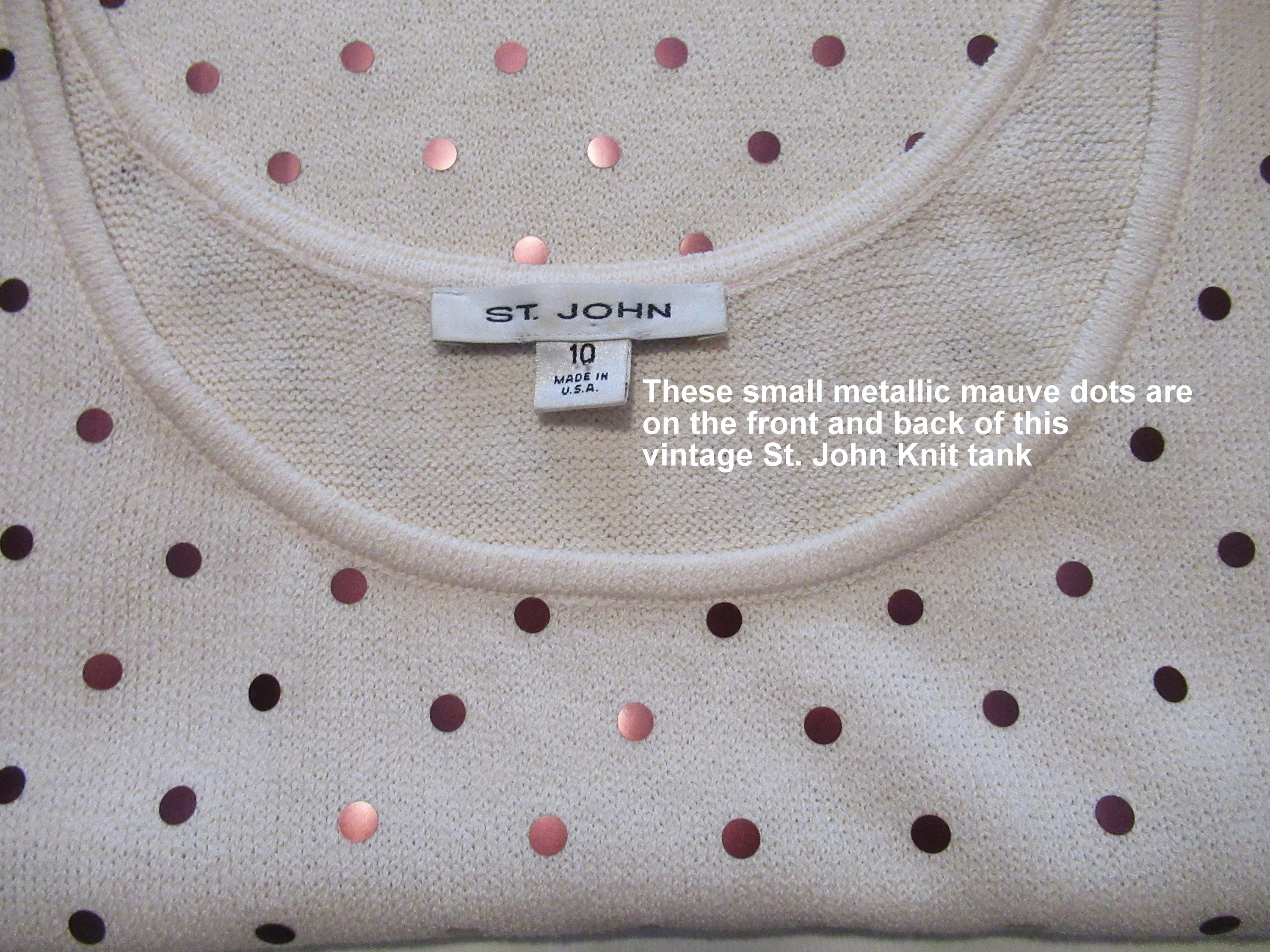 Sz 10 Tank Top 38 Bust Marie Gray Santana Knit White with Small Metallic Mauve Dots, Scoop Neck, 21 Inch Long, Made In Usa, Vtg by St John - Image 3