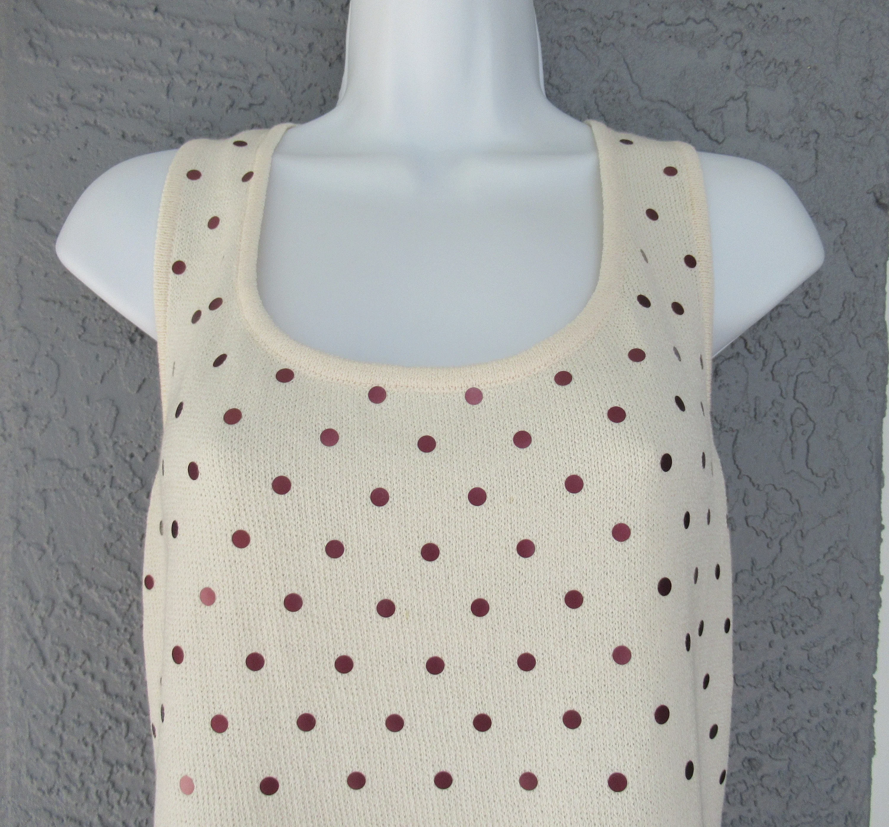 Sz 10 Tank Top 38 Bust Marie Gray Santana Knit White with Small Metallic Mauve Dots, Scoop Neck, 21 Inch Long, Made In Usa, Vtg by St John - Image 4