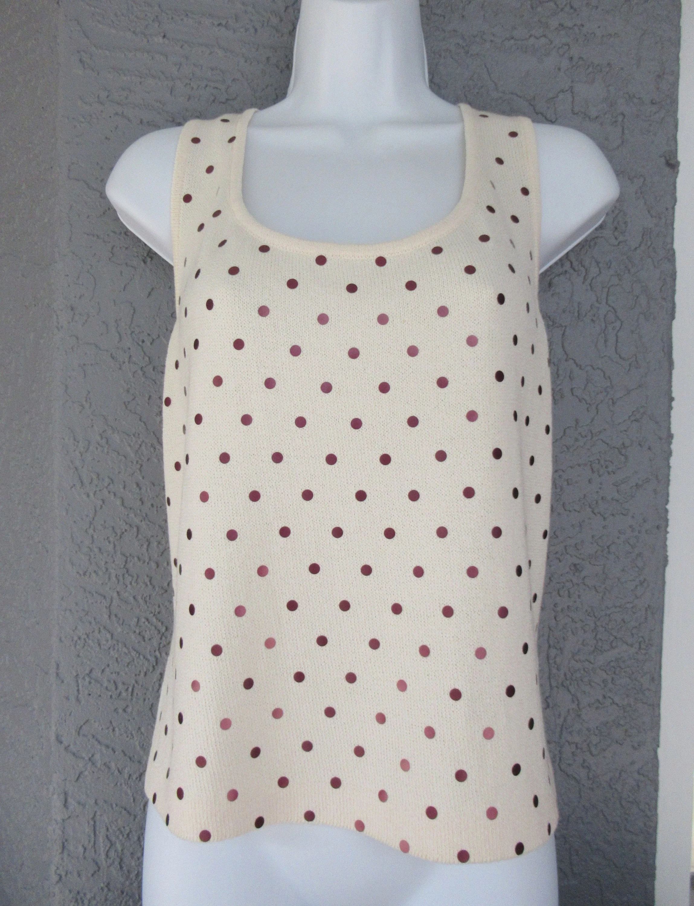 Sz 10 Tank Top 38 Bust Marie Gray Santana Knit White with Small Metallic Mauve Dots, Scoop Neck, 21 Inch Long, Made In Usa, Vtg by St John - Image 5