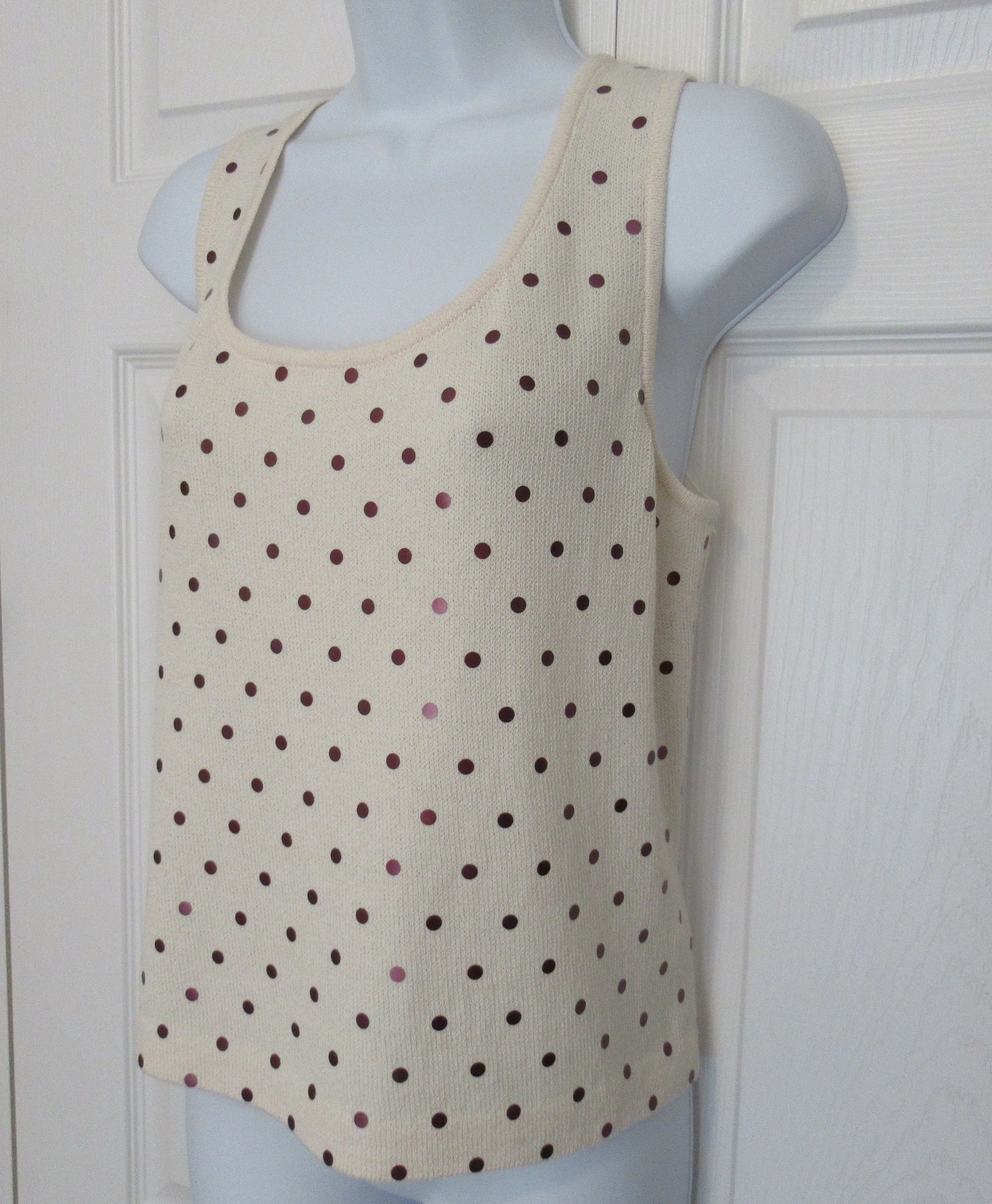 Sz 10 Tank Top 38 Bust Marie Gray Santana Knit White with Small Metallic Mauve Dots, Scoop Neck, 21 Inch Long, Made In Usa, Vtg by St John - Image 6