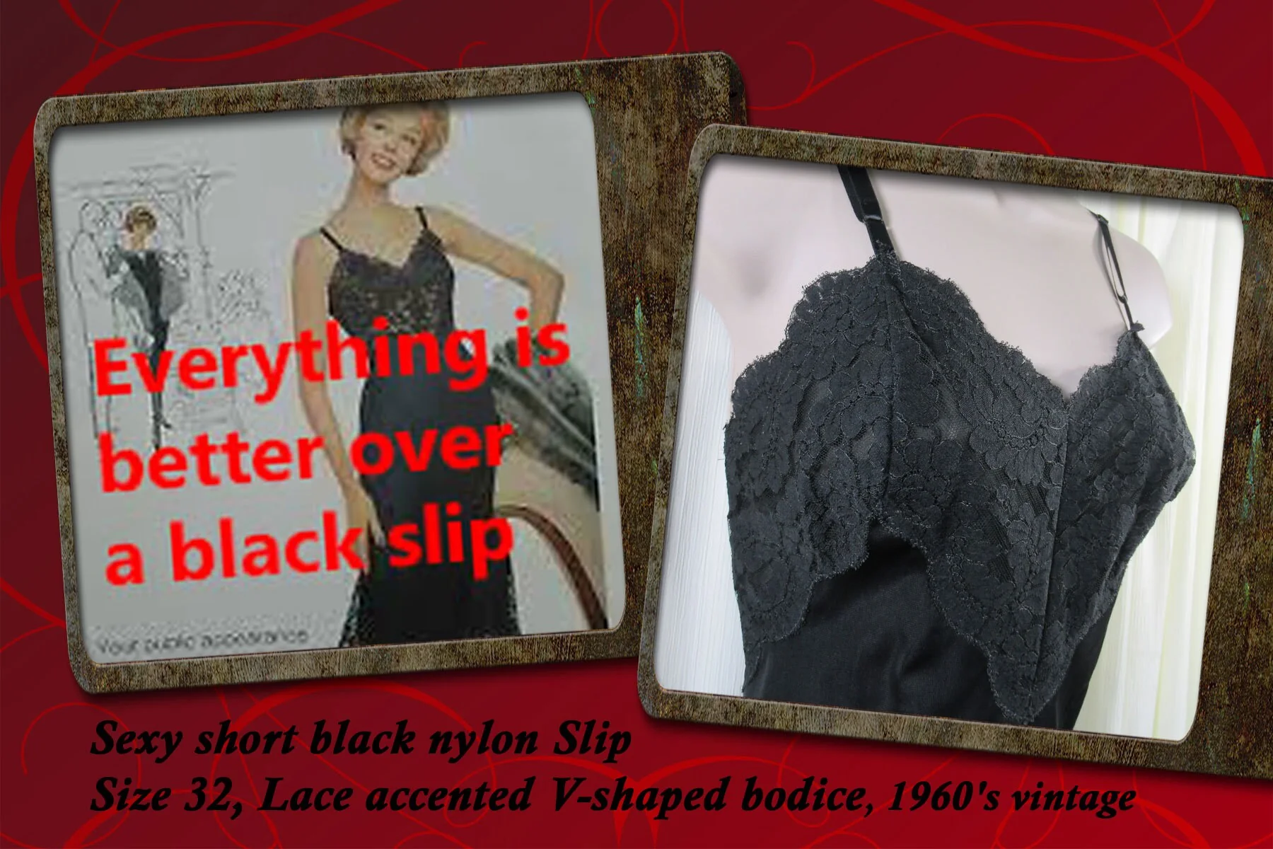 Sz 32 Slip Short, Sexy, Lined Lace Accented V-Shaped Bodice, 2 Inch Lace Hem, Adjustable Straps, 60s, Missing Designer Logo, Vtg - Image 2