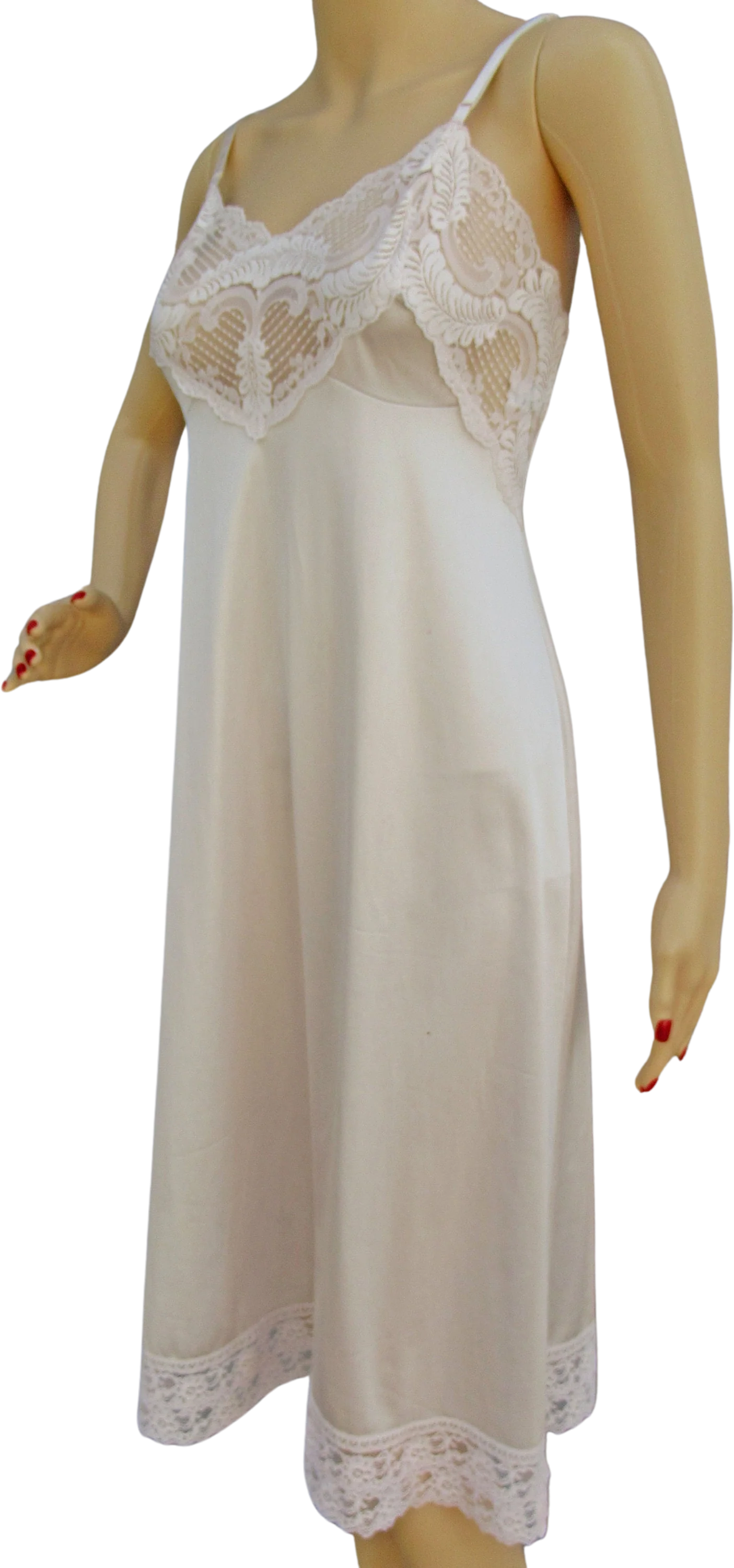 Sz 36 Nylon Slip Lace Sheer Trim Bodice and Hem Knee Length Pastel Beige Vintage Made In Usa So Pretty Adjustable Straps by Applause