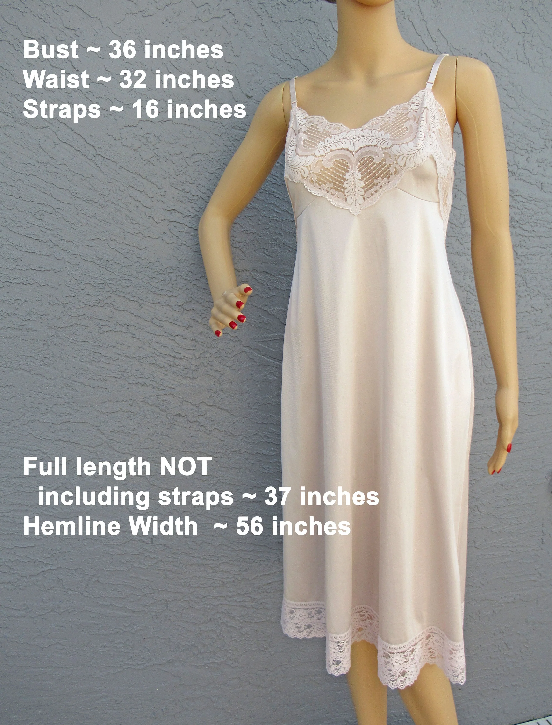 Sz 36 Nylon Slip Lace Sheer Trim Bodice and Hem Knee Length Pastel Beige Vintage Made In Usa So Pretty Adjustable Straps by Applause - Image 2