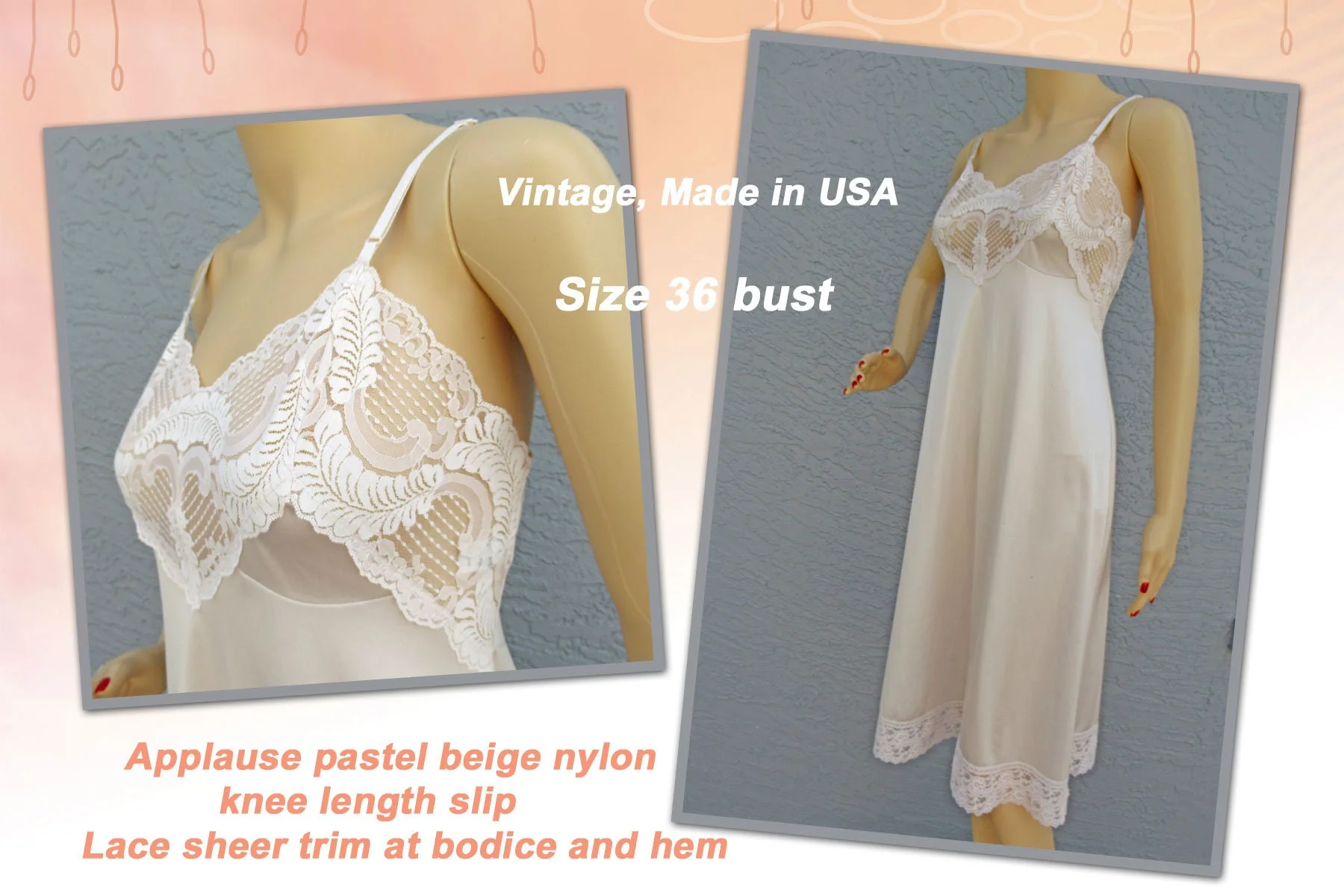 Sz 36 Nylon Slip Lace Sheer Trim Bodice and Hem Knee Length Pastel Beige Vintage Made In Usa So Pretty Adjustable Straps by Applause - Image 3