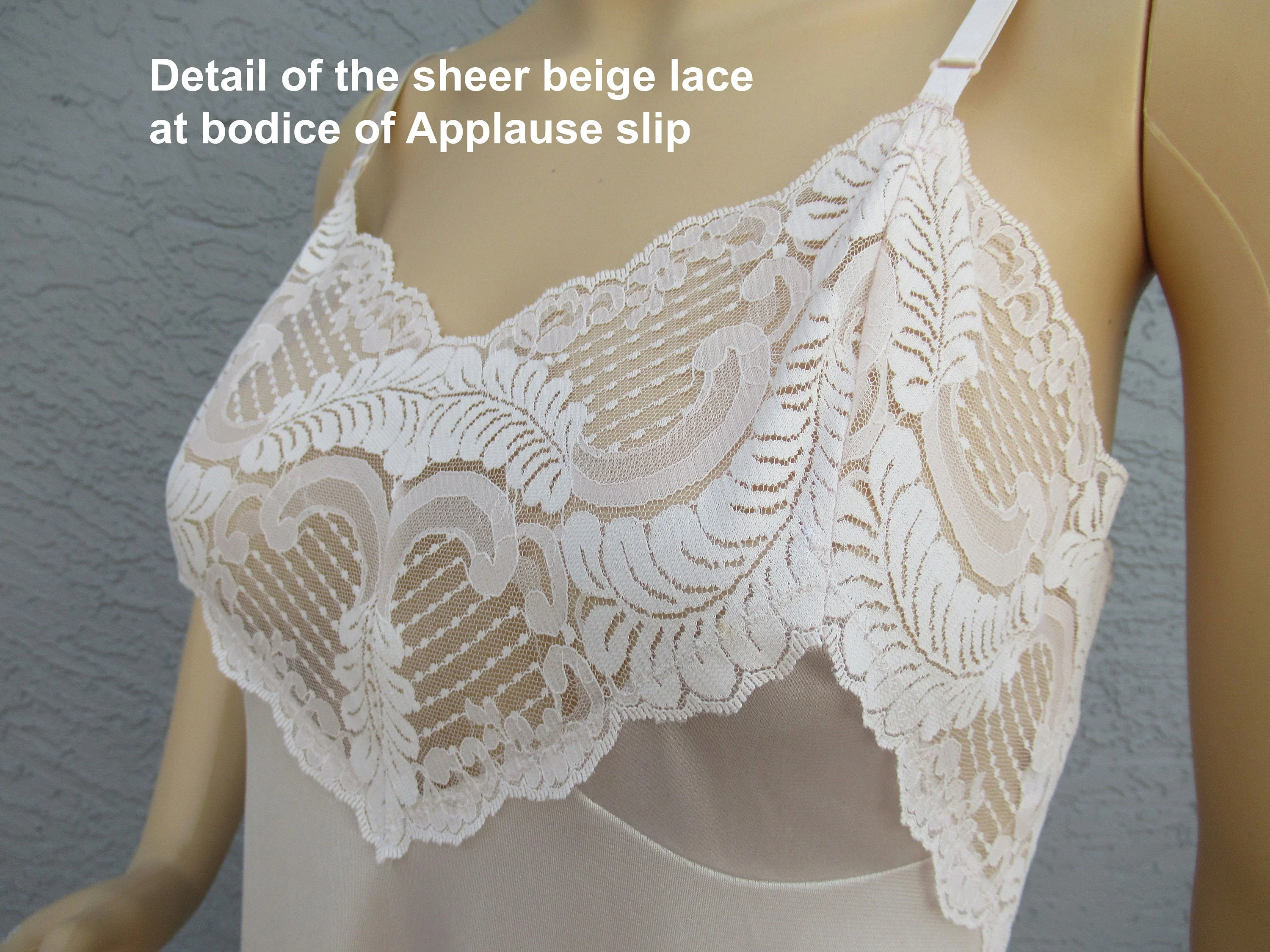 Sz 36 Nylon Slip Lace Sheer Trim Bodice and Hem Knee Length Pastel Beige Vintage Made In Usa So Pretty Adjustable Straps by Applause - Image 4