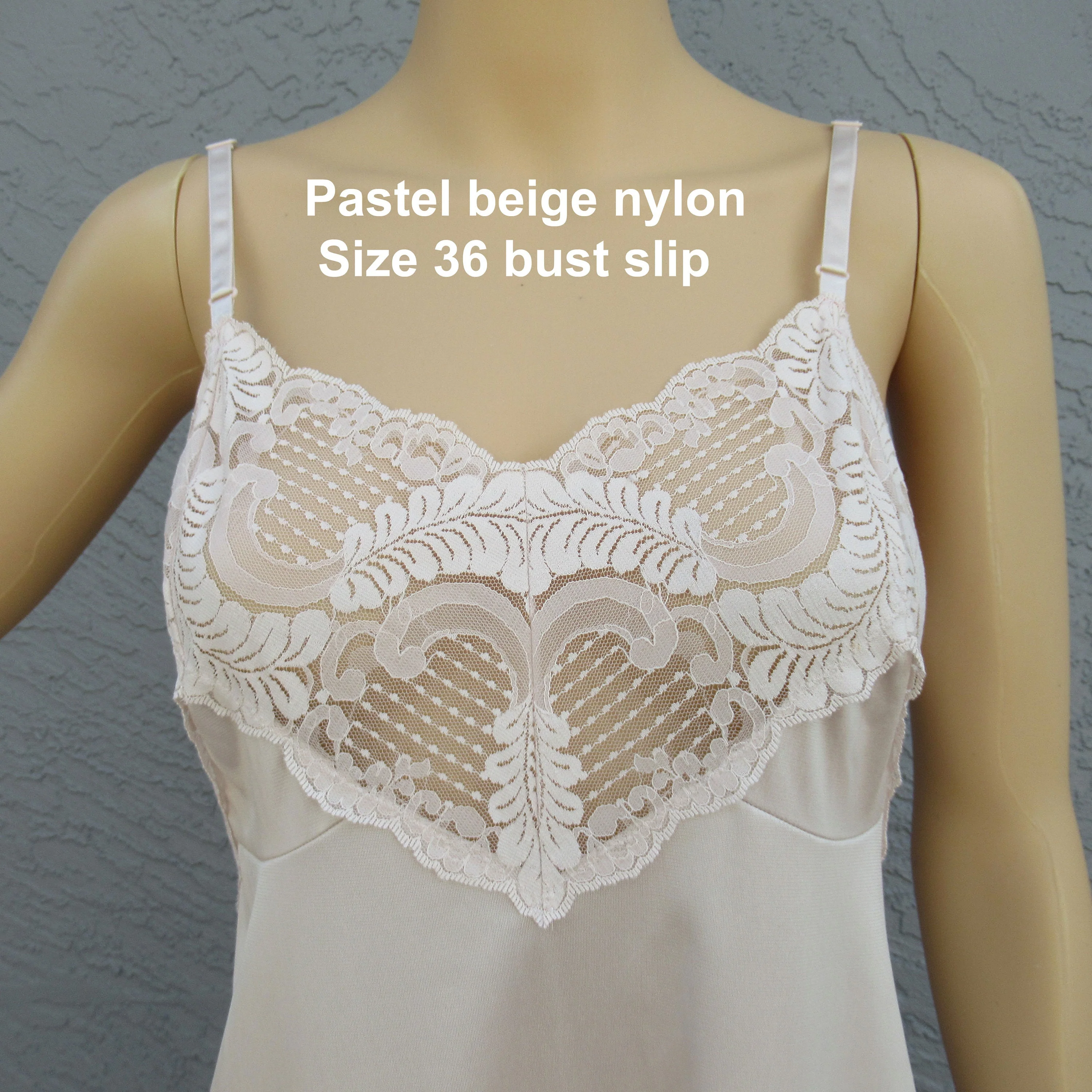 Sz 36 Nylon Slip Lace Sheer Trim Bodice and Hem Knee Length Pastel Beige Vintage Made In Usa So Pretty Adjustable Straps by Applause - Image 5