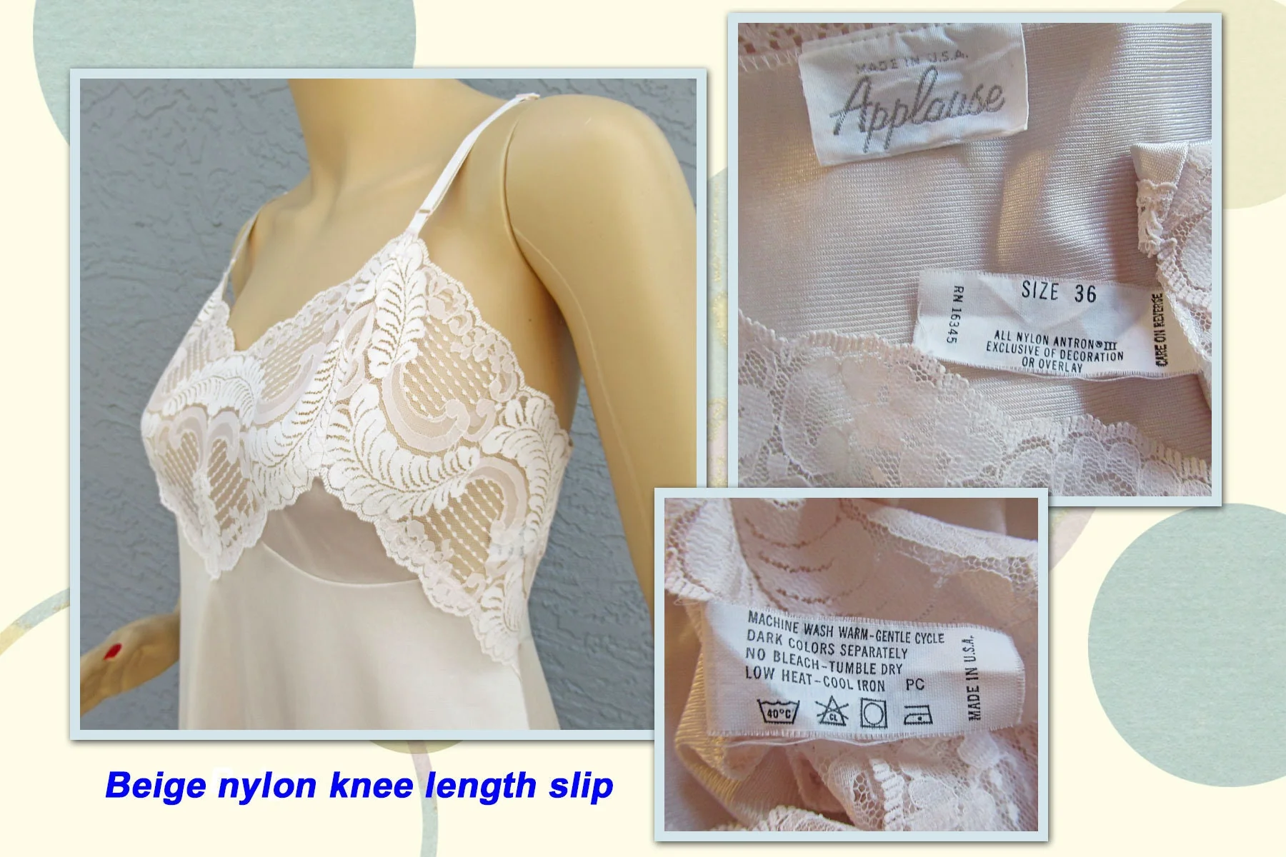 Sz 36 Nylon Slip Lace Sheer Trim Bodice and Hem Knee Length Pastel Beige Vintage Made In Usa So Pretty Adjustable Straps by Applause - Image 6